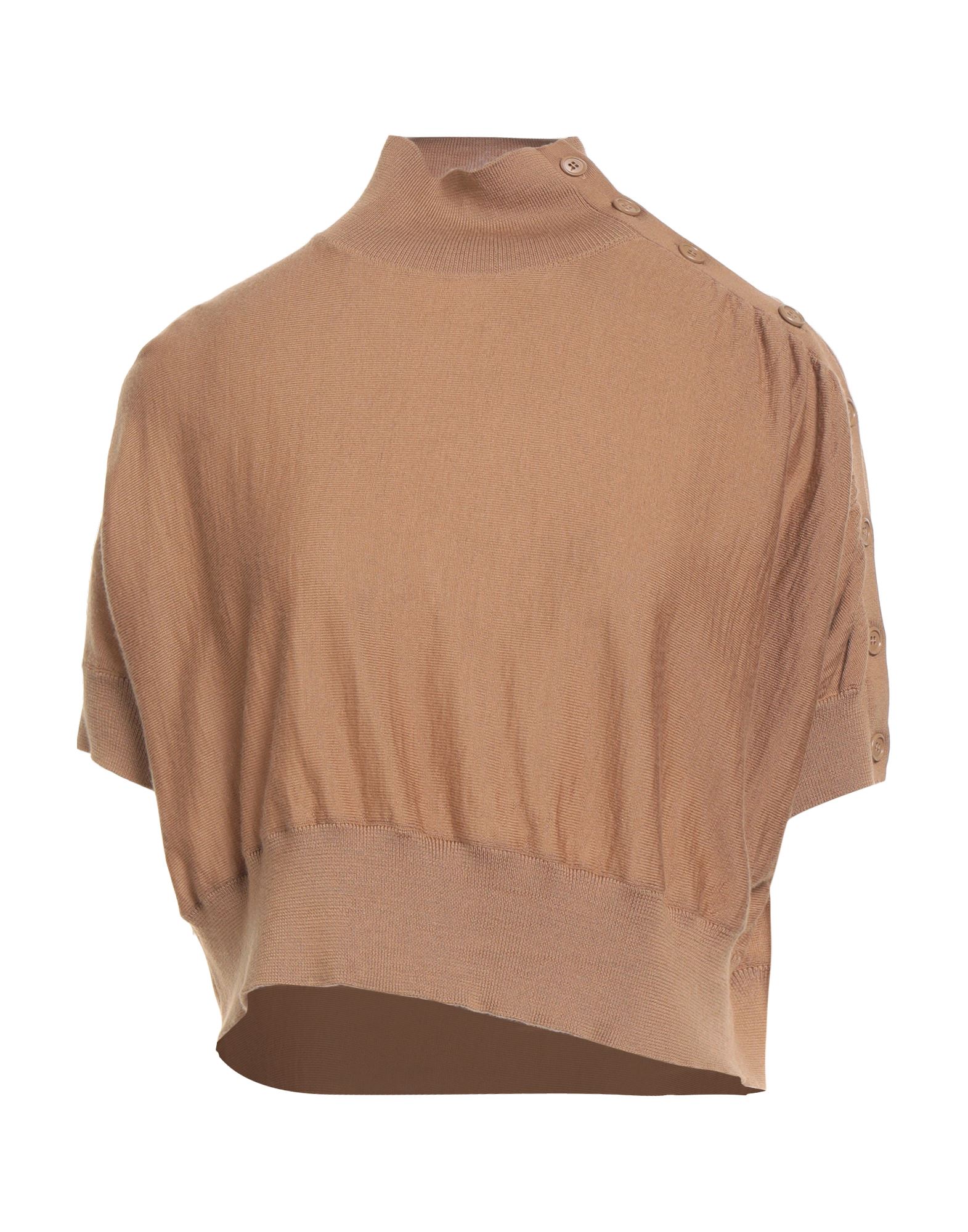 니트 소재, 라이트웨이트 니트, 솔리드 컬러, 장식 부착 없음, 터틀넥, 쇼트 슬리브, 버튼 여밈, 손세탁 또는 드라이클리닝, 표백 금지, 건조기 사용불가. 이미지