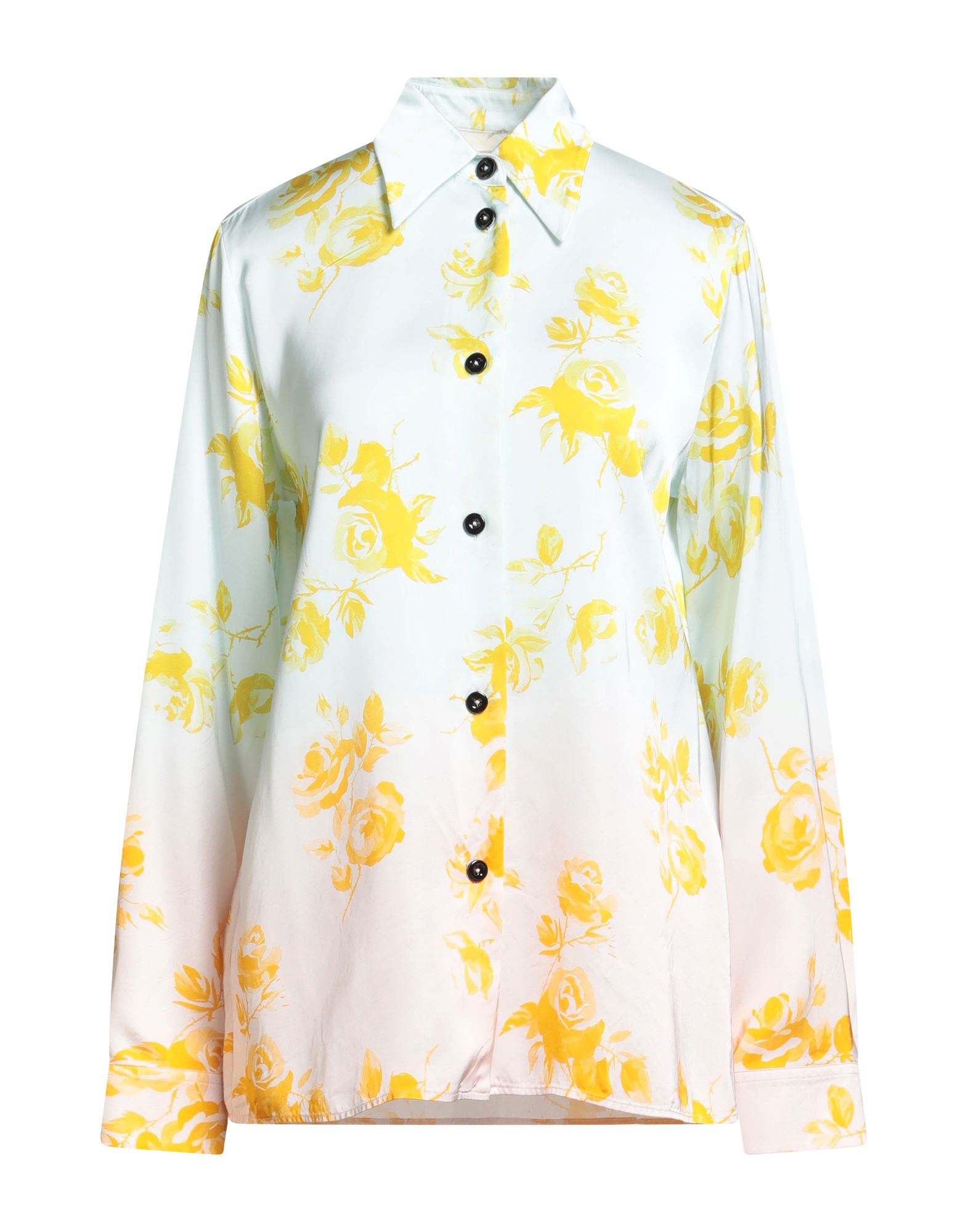 셔츠, 새틴, 플로럴 모티브, 장식 부착 없음, 클래식 칼라, 롱 슬리브, 버튼 커프스, 버튼 여밈, 동물성 비섬유 자재 함유, 드라이클리닝, 표백 금지, 건조기 사용불가. 이미지