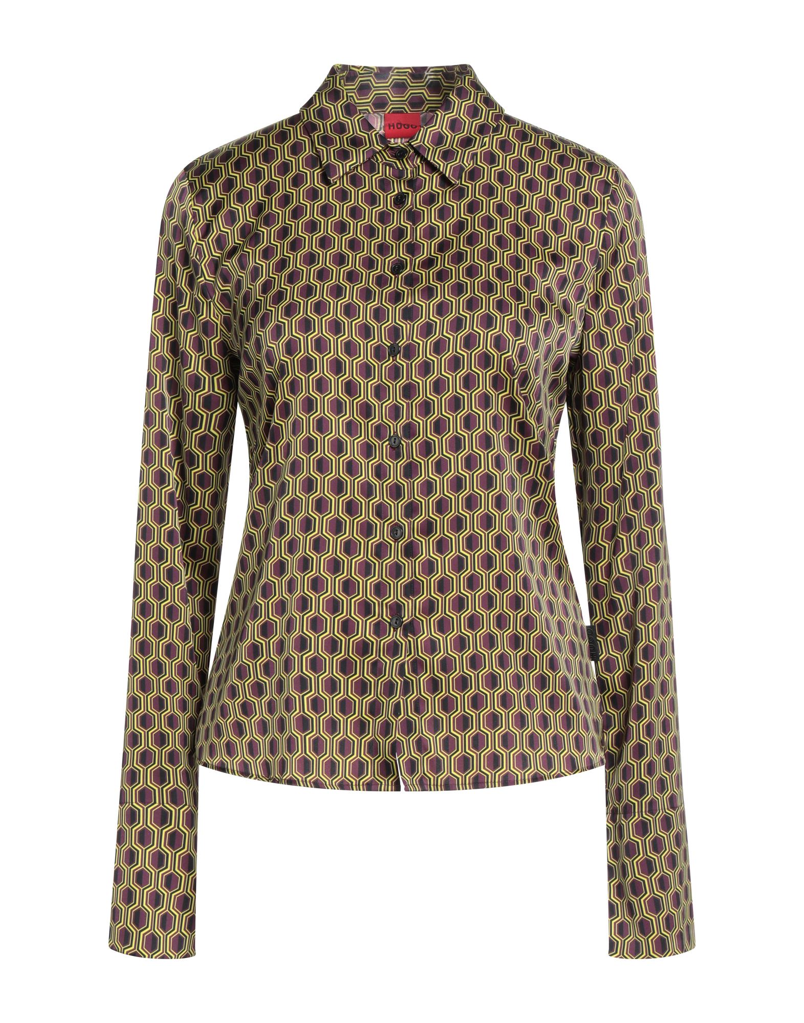 셔츠, 새틴, 스트레치 패브릭, 멀티컬러 패턴, 브랜드 로고, 클래식 칼라, 롱 슬리브, 버튼 커프스, 버튼 여밈, 손세탁 또는 드라이클리닝, 표백 금지, 건조기 사용불가. 이미지