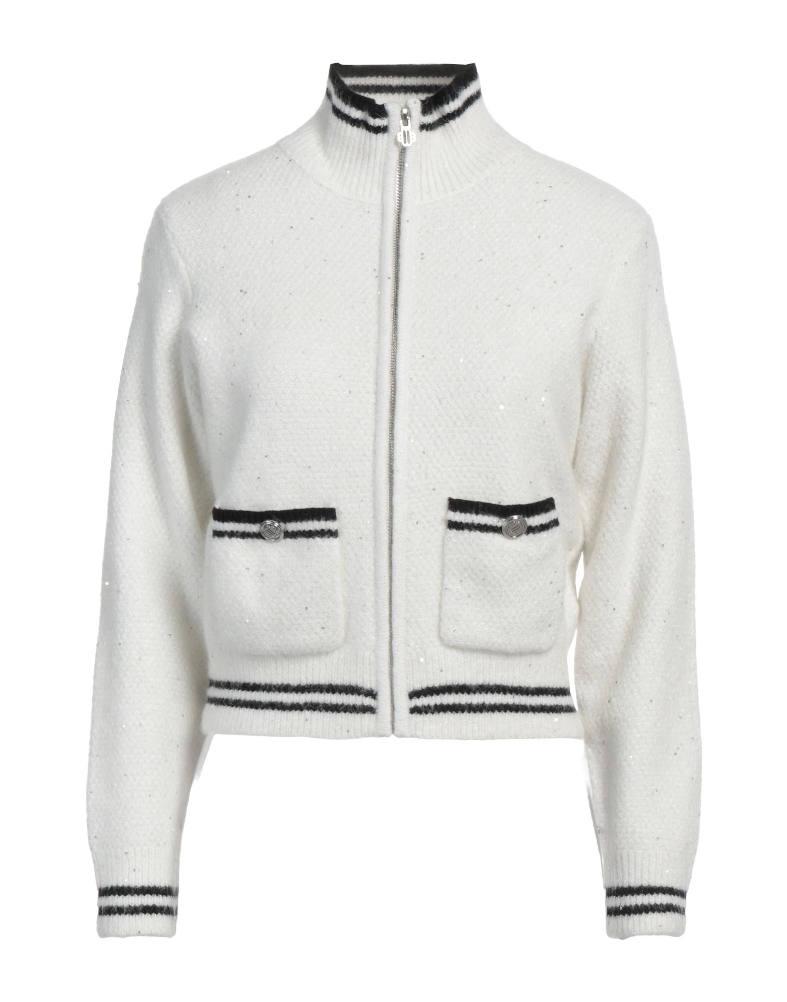 니트 소재, 라이트웨이트 니트, 브랜드 로고, 시퀸, 투톤 패턴, 롱 슬리브, 멀티 포켓, 손세탁 또는 드라이클리닝, 표백 금지, 건조기 사용가능. 이미지