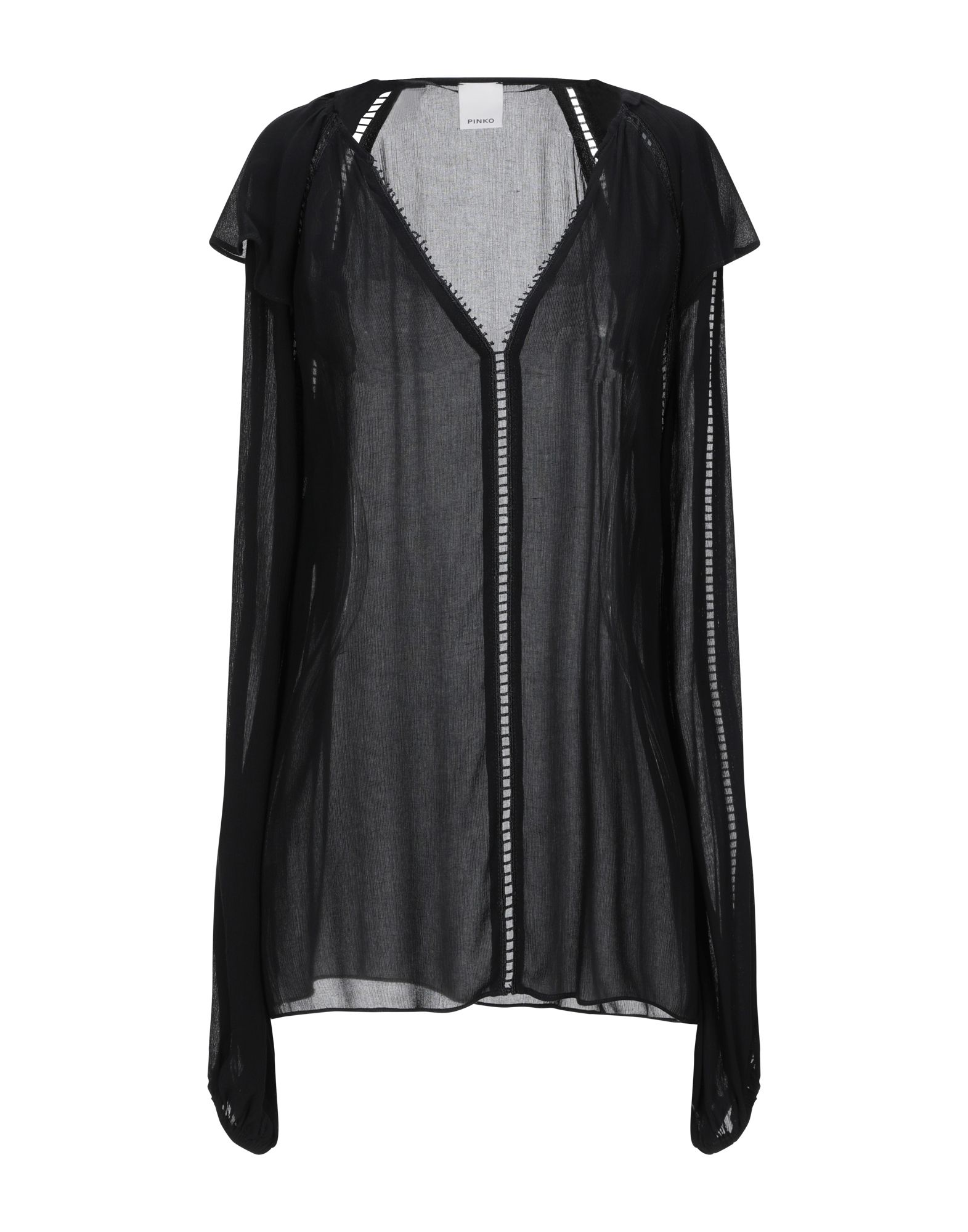 탑, 크레이프, 솔리드 컬러, 장식 부착 없음, v 네크라인, 롱 슬리브. 이미지