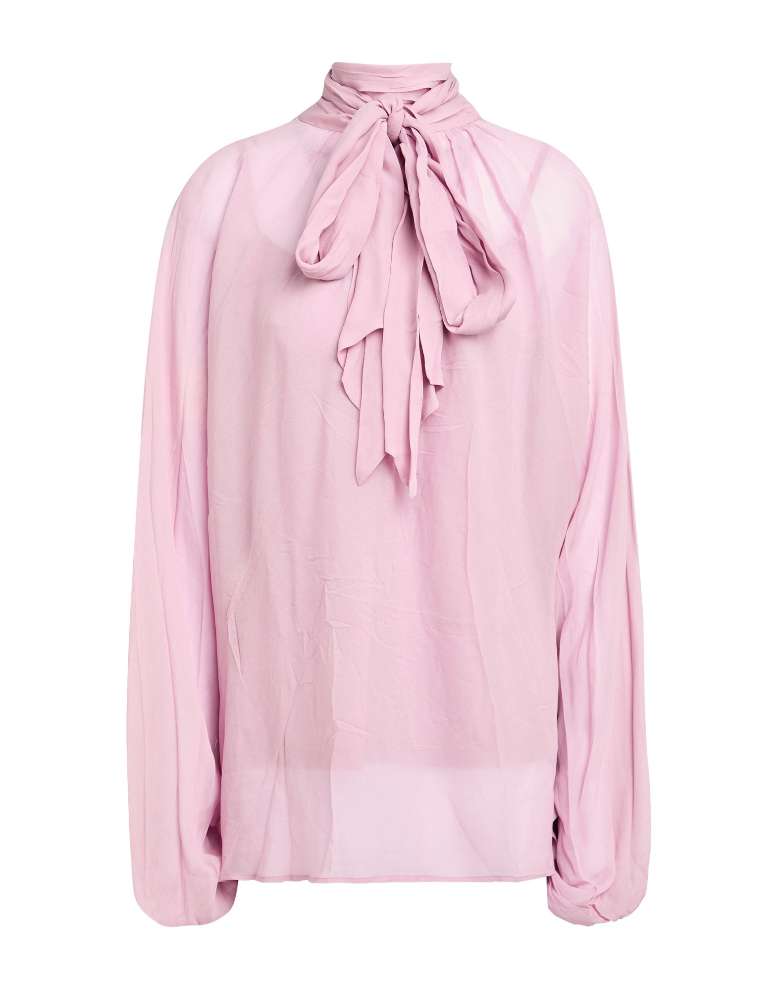 보우 디테일 블라우스, 크레이프, 솔리드 컬러, 브랜드 로고, 디테쳐블 디테일, 롱 슬리브, 탈착 가능한 이너 캐미솔, 버튼 여밈, 2피스 세트, 드라이클리닝, 표백 금지, 건조기 사용불가. 이미지