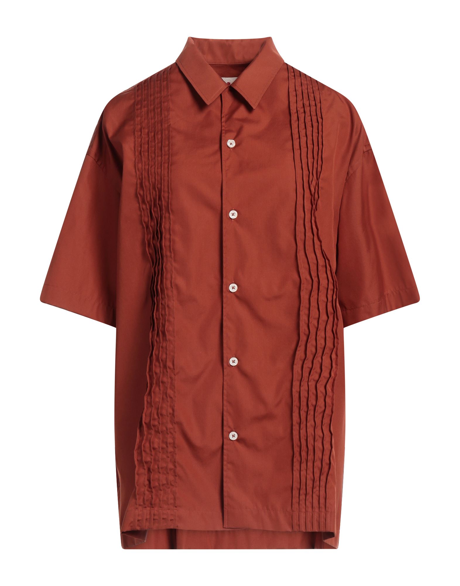 우븐, 주름 가공, 솔리드 컬러, 클래식 칼라, 쇼트 슬리브, 안감없음, 버튼 여밈, 포켓 없음, 사이드 슬릿 헴라인, 손세탁 또는 드라이클리닝, 건조기 사용불가, 표백 금지, 라지 핏, 오버사이즈 셔츠. 이미지