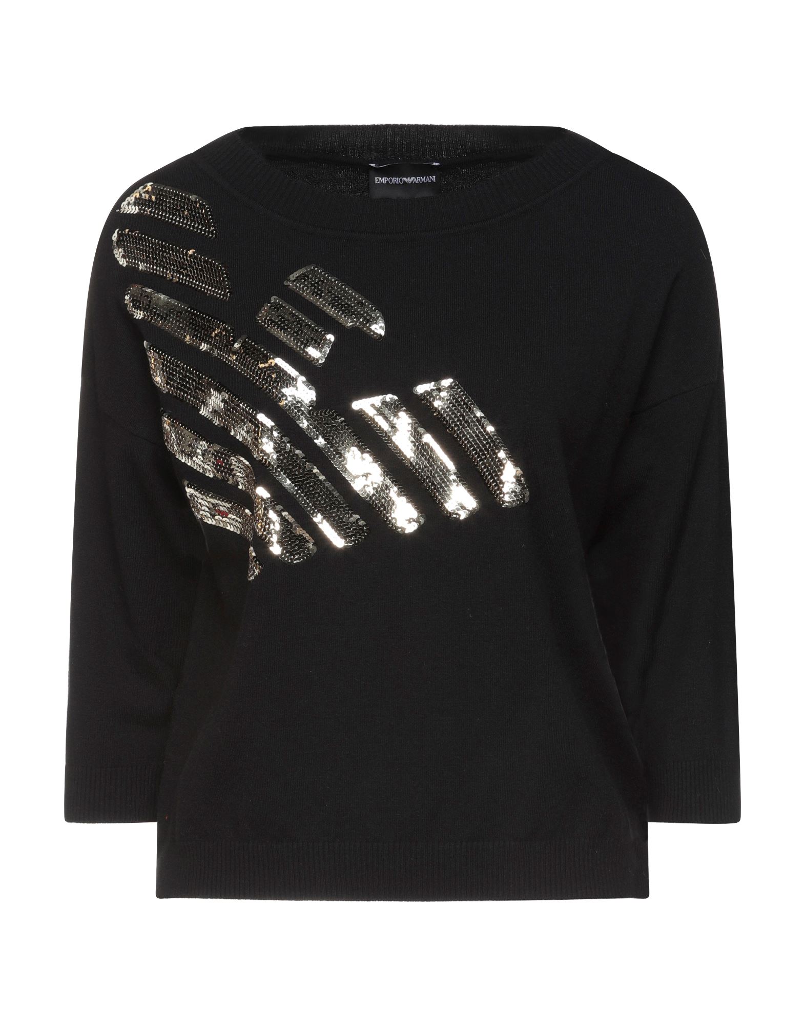 니트 소재, 시퀸, 로고, 라운드 네크라인, 솔리드 컬러, 3/4길이 슬리브, 포켓 없음, 라이트웨이트 니트. 이미지