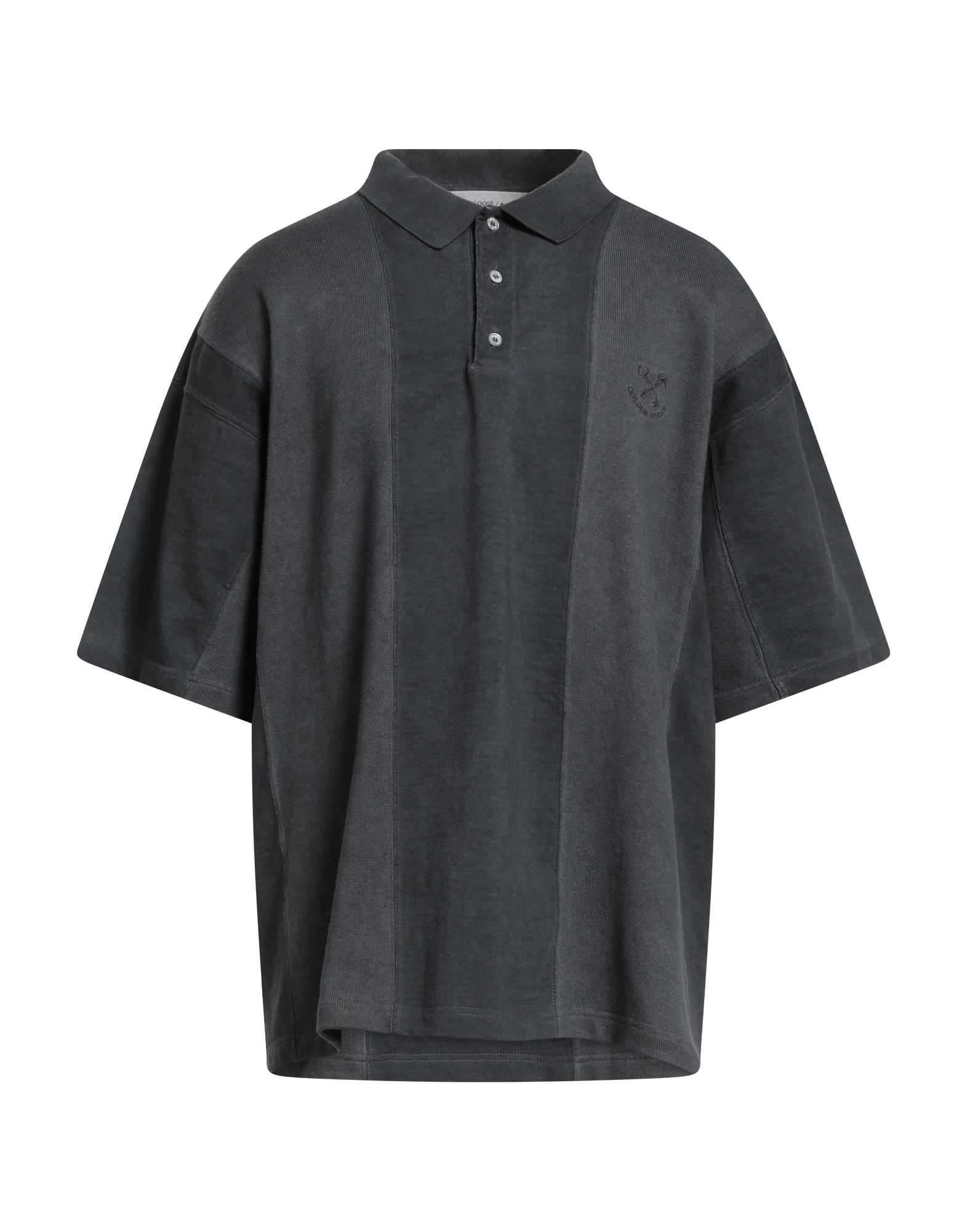 저지, 니트 소재, 라이트웨이트 니트, 솔리드 컬러, 자수 로고 장식, 쇼트 슬리브, 버튼 여밈, 사이드 슬릿 헴라인, 동물성 비섬유 자재 함유, 세탁기로 세탁, 표백 금지, 건조기 사용불가, 이 브랜드는 사이즈가 크게 나옵니다. 이미지