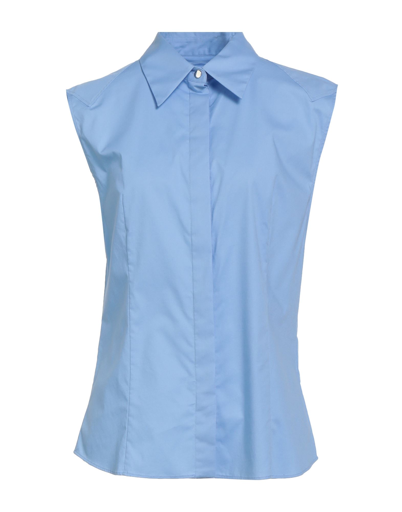 셔츠, 포플린, 스트레치 패브릭, 솔리드 컬러, 장식 부착 없음, 클래식 칼라, 슬리브리스, 히든 버튼 여밈, 세탁기 세탁 또는 드라이클리닝, 표백 금지, 건조기 사용불가. 이미지