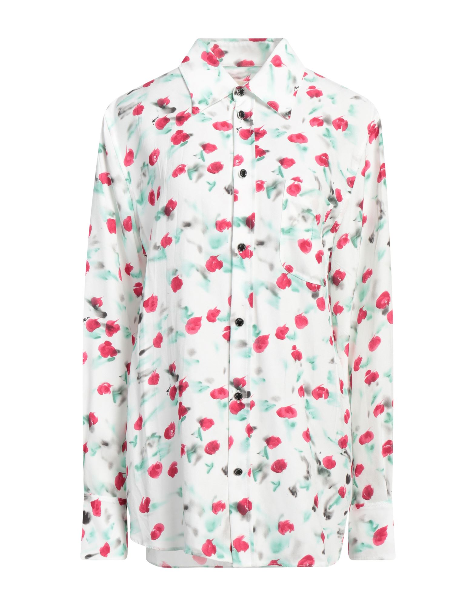 셔츠, 크레이프, 멀티컬러 패턴, 브랜드 로고, 클래식 칼라, 롱 슬리브, 버튼 여밈, 포켓 1개, 드라이클리닝, 표백 금지, 건조기 사용불가, 이 브랜드는 사이즈가 크게 나옵니다. 이미지