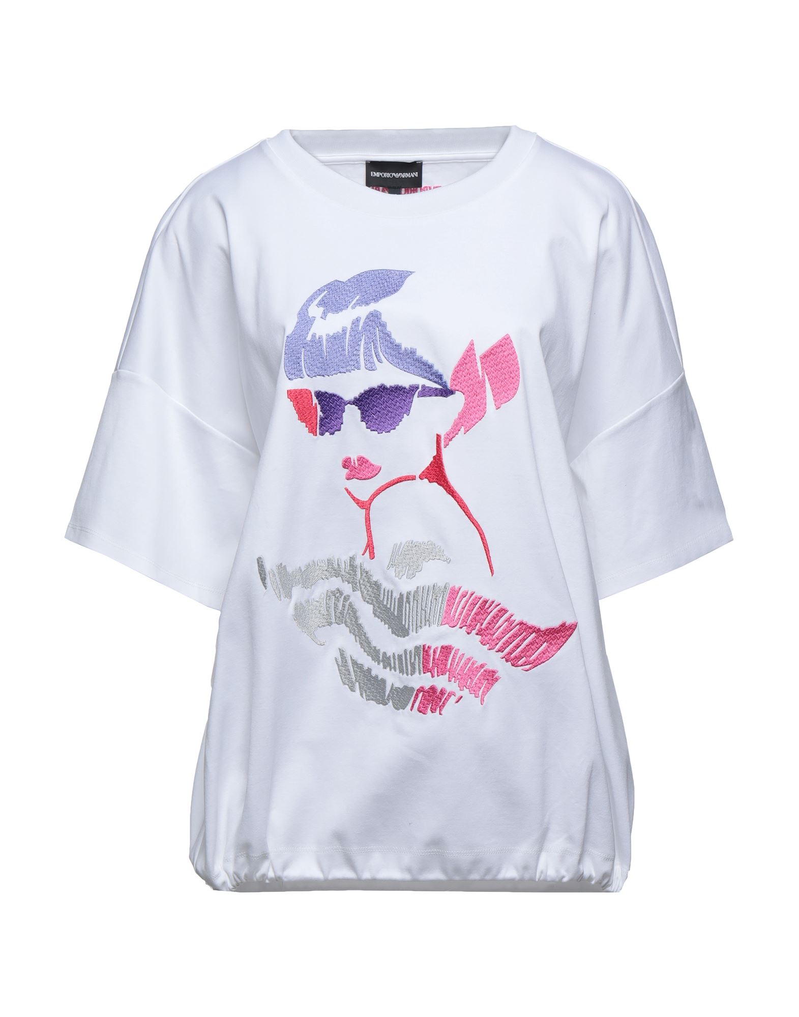 패턴 티셔츠, 저지, 장식 디테일 솔리드 컬러, 자수 장식, 브랜드 로고, 크루넥, 쇼트 슬리브, 드로스트링 헴라인, 이 브랜드는 사이즈가 작게 나옵니다. 이미지