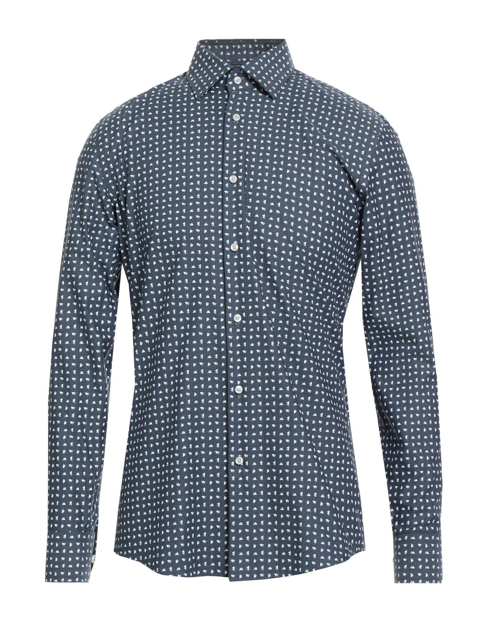 슬림 셔츠, 우븐, 기하학 패턴, 장식 부착 없음, 클래식 칼라, 롱 슬리브, 버튼 커프스, 버튼 여밈, 세탁기 세탁 또는 드라이클리닝, 표백 금지, 건조기 사용불가. 이미지