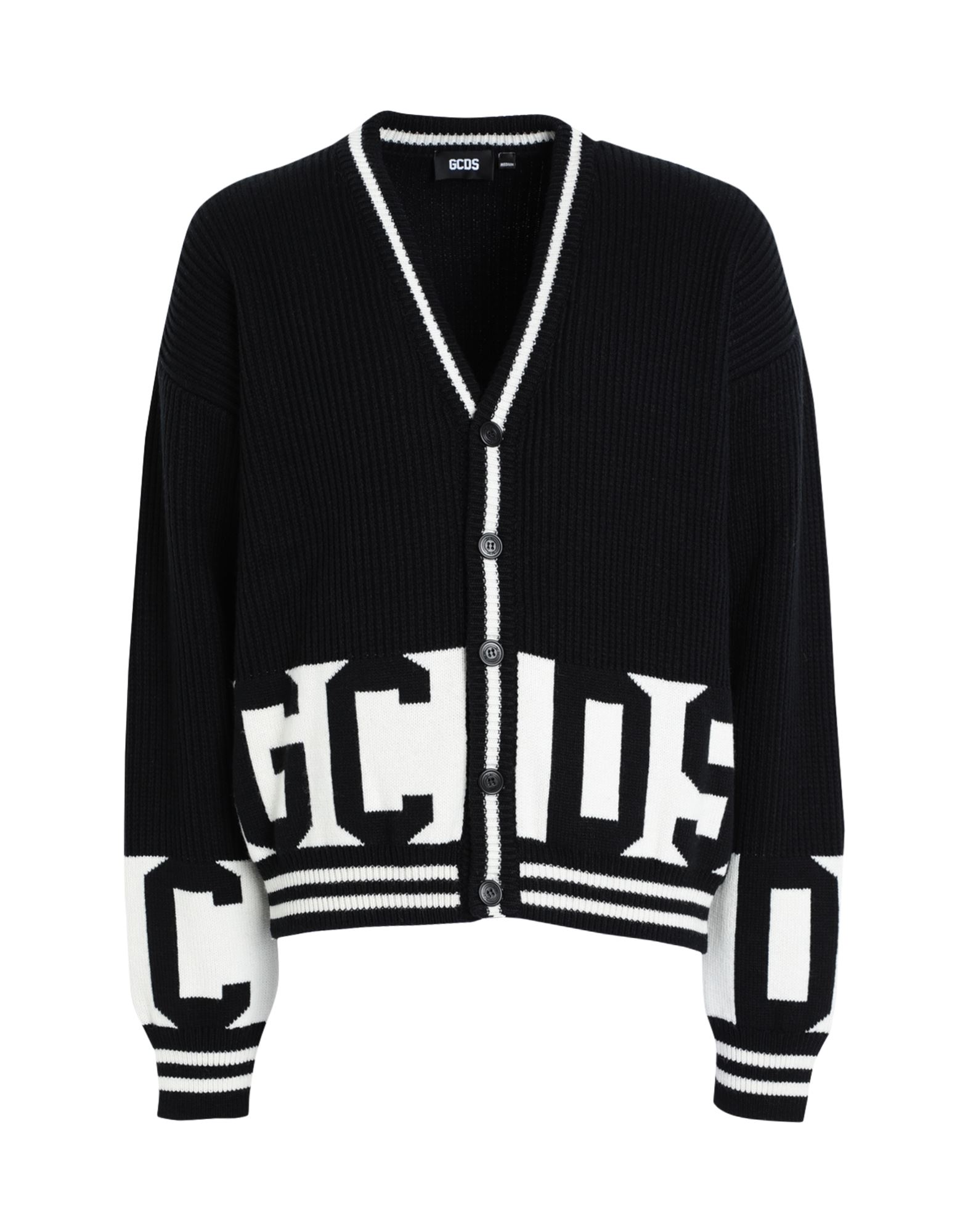 니트 소재, 라이트웨이트 니트, 브랜드 로고, 투톤 패턴, v 네크라인, 롱 슬리브, 버튼 여밈, 포켓 없음. 이미지