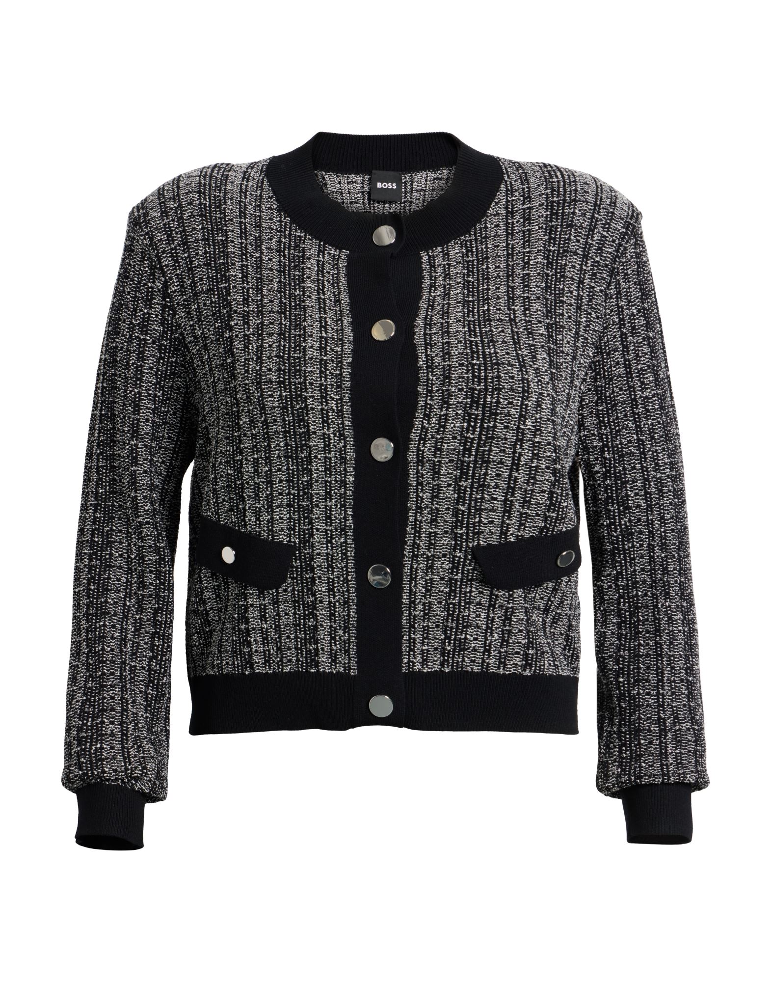 자카드 니트, 미디엄웨이트 니트, 브랜드 로고, 버튼 장식, 투톤 패턴, 롱 슬리브, 어깨 패드, 버튼 여밈, 손세탁 또는 드라이클리닝, 표백 금지, 건조기 사용불가. 이미지