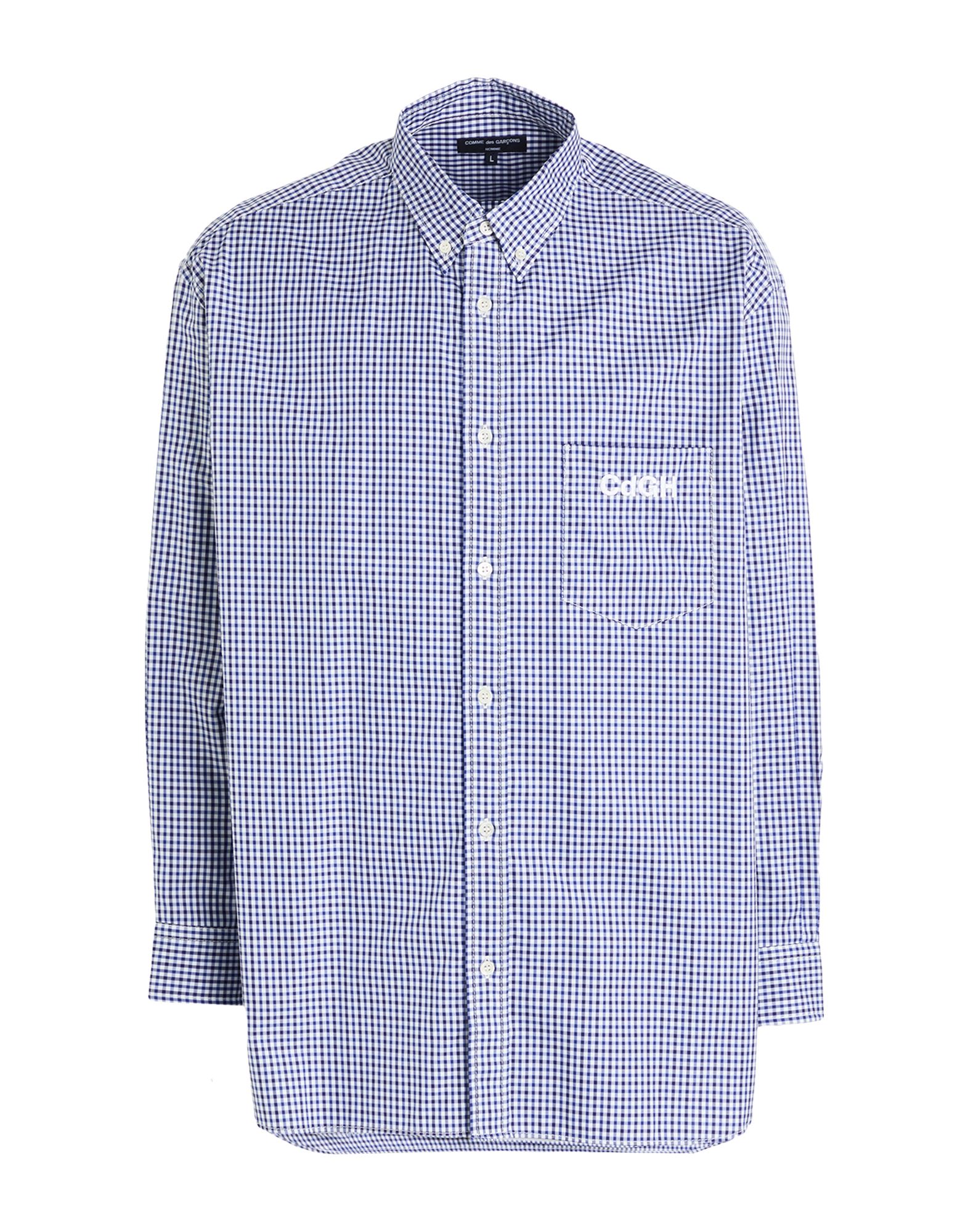 레귤러 셔츠, 우븐, 체크, 자수 로고 장식, 버튼다운 칼라, 롱 슬리브, 포켓 1개, 손세탁 또는 드라이클리닝, 표백 금지, 건조기 사용불가. 이미지