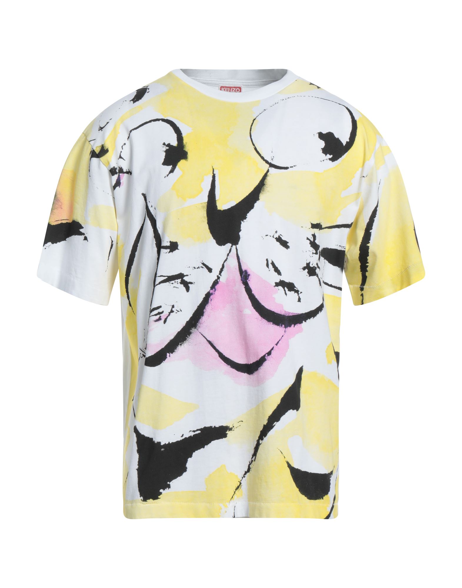 패턴 티셔츠, 저지, 멀티컬러 패턴, 브랜드 로고, 크루넥, 쇼트 슬리브, 세탁기로 세탁, 건조기 사용불가. 이미지