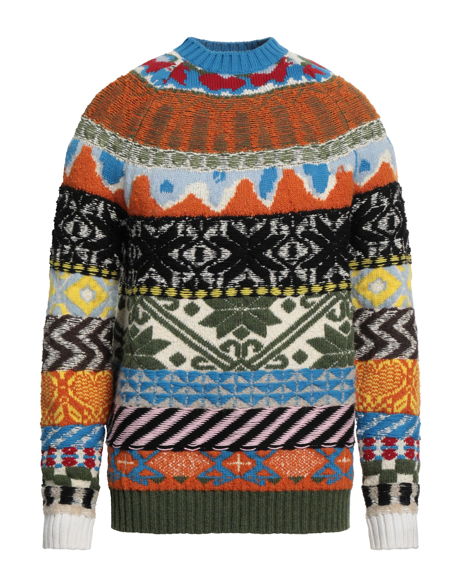 니트 소재, 미디엄웨이트 니트, 장식 부착 없음, 멀티컬러 패턴, 라운드 네크라인, 롱 슬리브, 포켓 없음, 라지 핏. 이미지