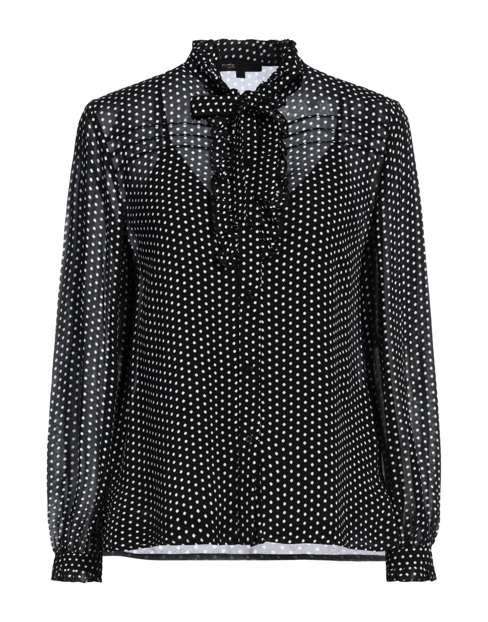 루쉬 디테일 셔츠, 크레이프, 폴카도트, 러플, 보우 타이 네크라인, 롱 슬리브, 버튼 커프스, 탈착 가능한 이너 캐미솔, 버튼 여밈, 드라이클리닝, 건조기 사용불가. 이미지