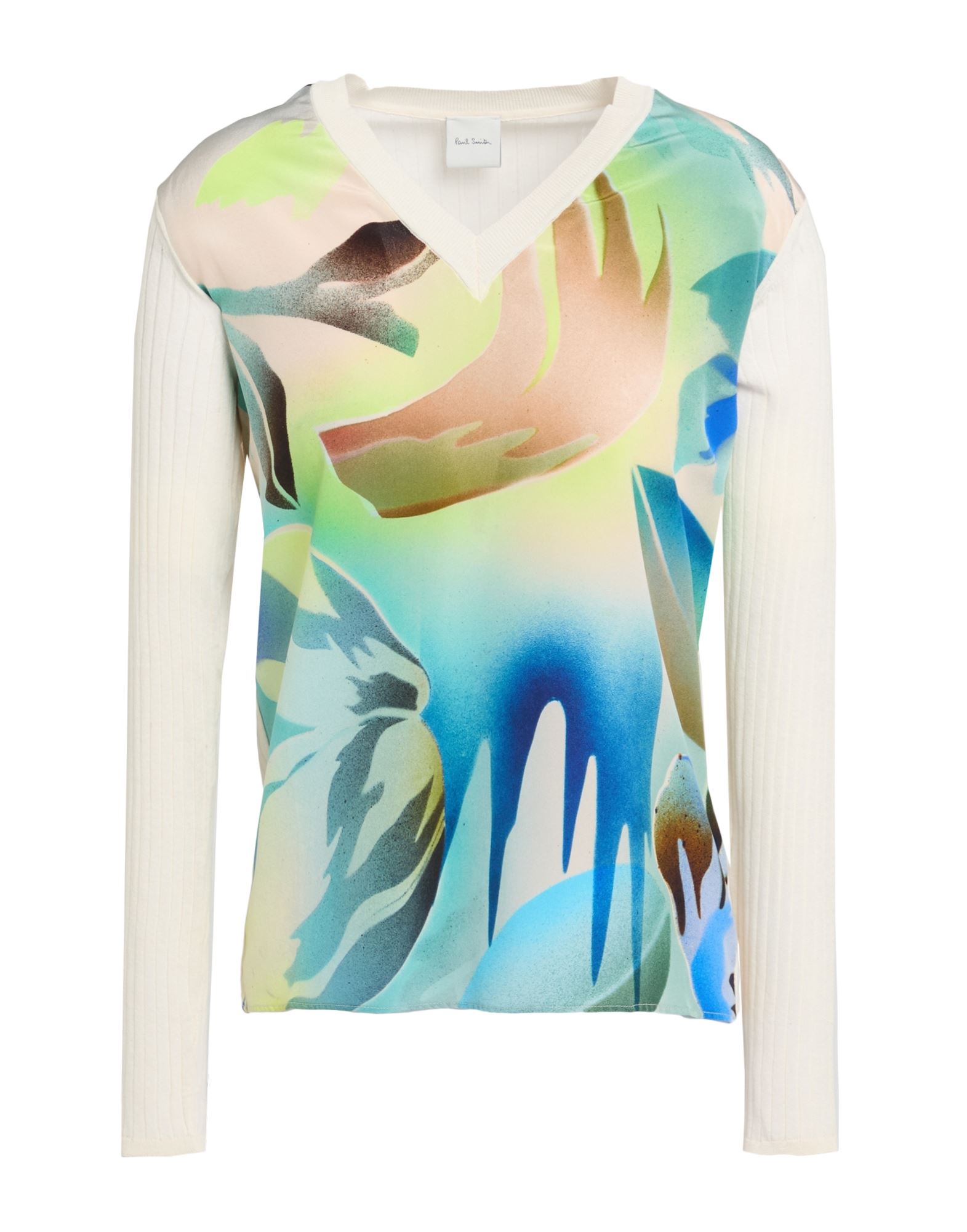 니트 소재, 크레이프, 라이트웨이트 니트, 멀티컬러 패턴, 장식 부착 없음, v 네크라인, 롱 슬리브, 손세탁 또는 드라이클리닝, 표백 금지, 건조기 사용불가, 이 브랜드는 사이즈가 작게 나옵니다. 이미지