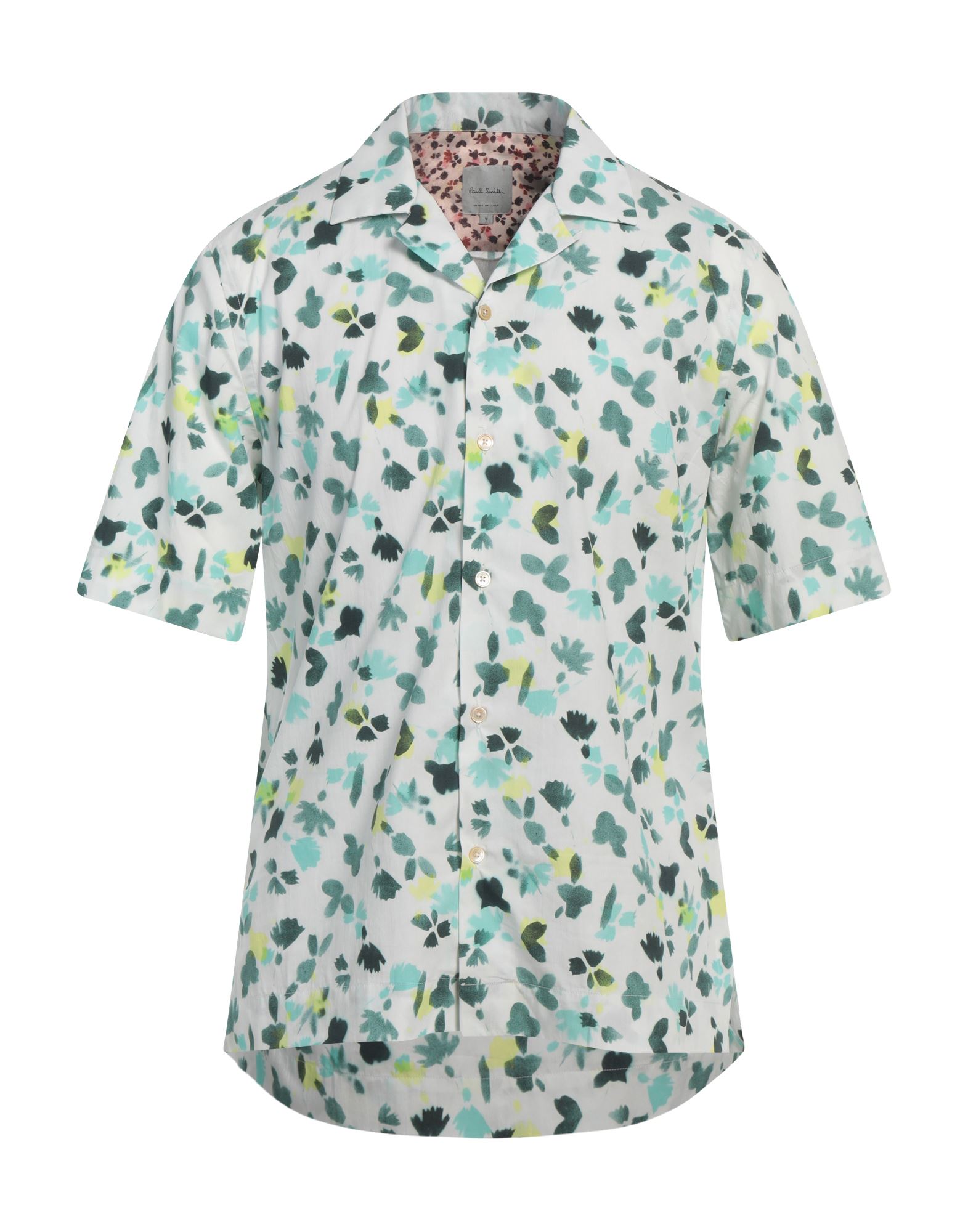 레귤러 셔츠, 우븐, 플로럴 모티브, 장식 부착 없음, 캠프 칼라, 쇼트 슬리브, 버튼 여밈, 세탁기로 세탁, 표백 금지, 건조기 사용가능. 이미지