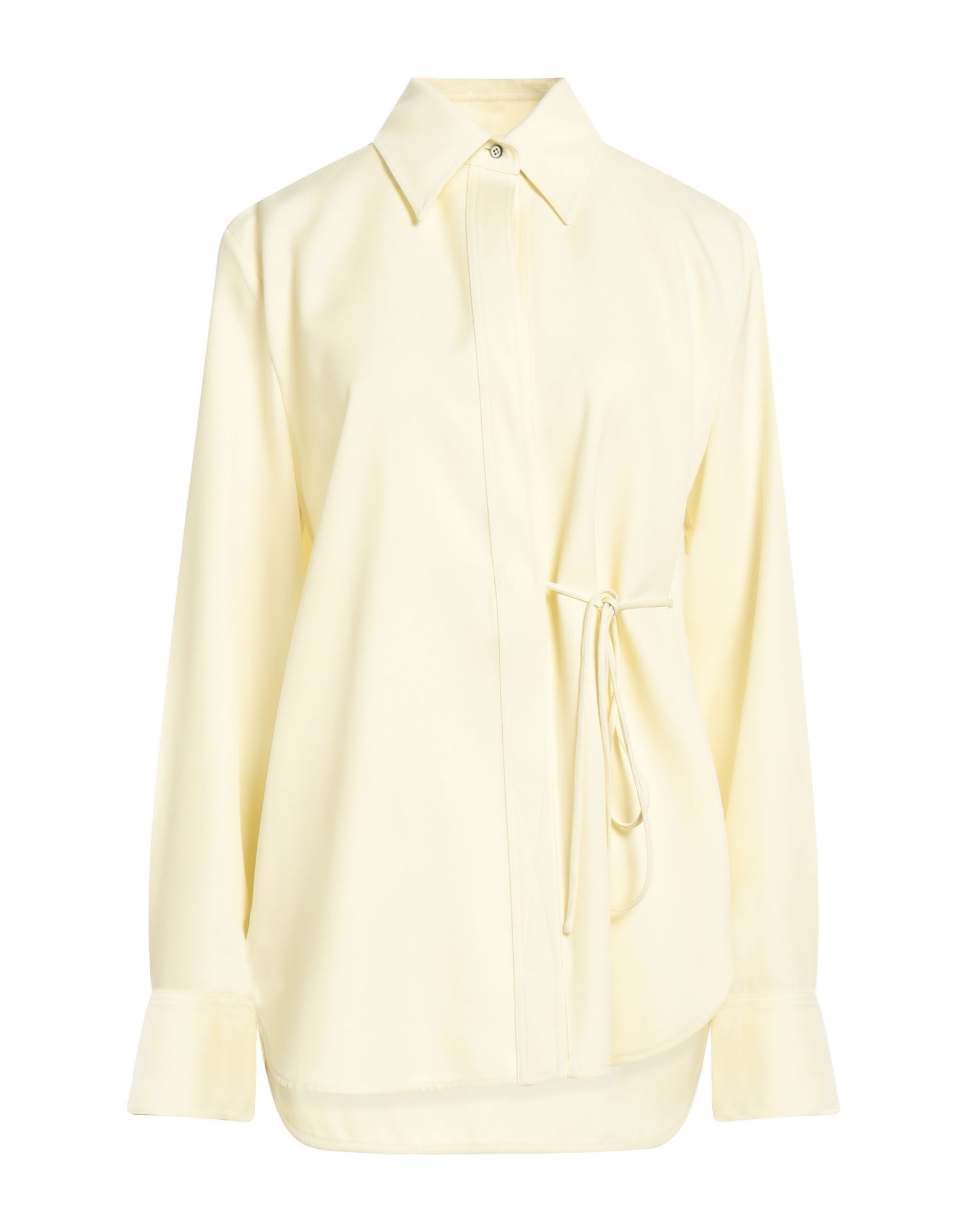 롱 셔츠, 울 보일, 솔리드 컬러, 장식 부착 없음, 클래식 칼라, 롱 슬리브, 버튼 커프스, 히든 버튼 여밈, 타이 여밈, 동물성 비섬유 자재 함유, 드라이클리닝, 표백 금지, 건조기 사용불가. 이미지