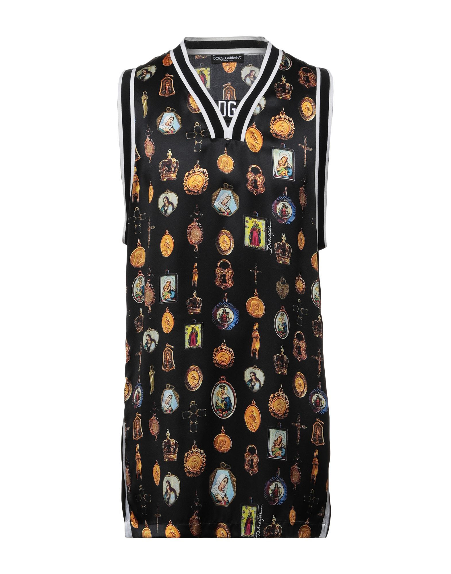 니트 소재, 새틴, 로고, 사이드 스트라이프, 멀티컬러 패턴, 스퀘어 네크라인, 슬리브리스, 포켓 없음, 라지 핏. 이미지