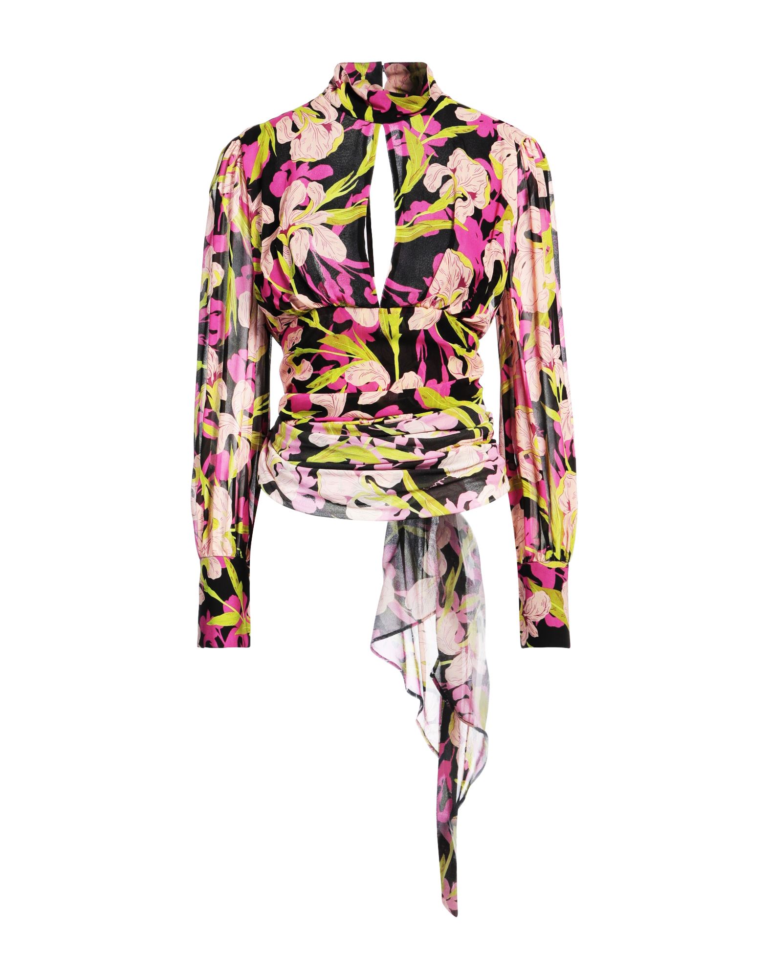 탑, 크레이프, 플로럴 모티브, 장식 부착 없음, 목 넥, 롱 슬리브, 버튼 커프스, 지퍼 여밈, 세탁기 세탁 또는 드라이클리닝, 표백 금지, 건조기 사용불가. 이미지