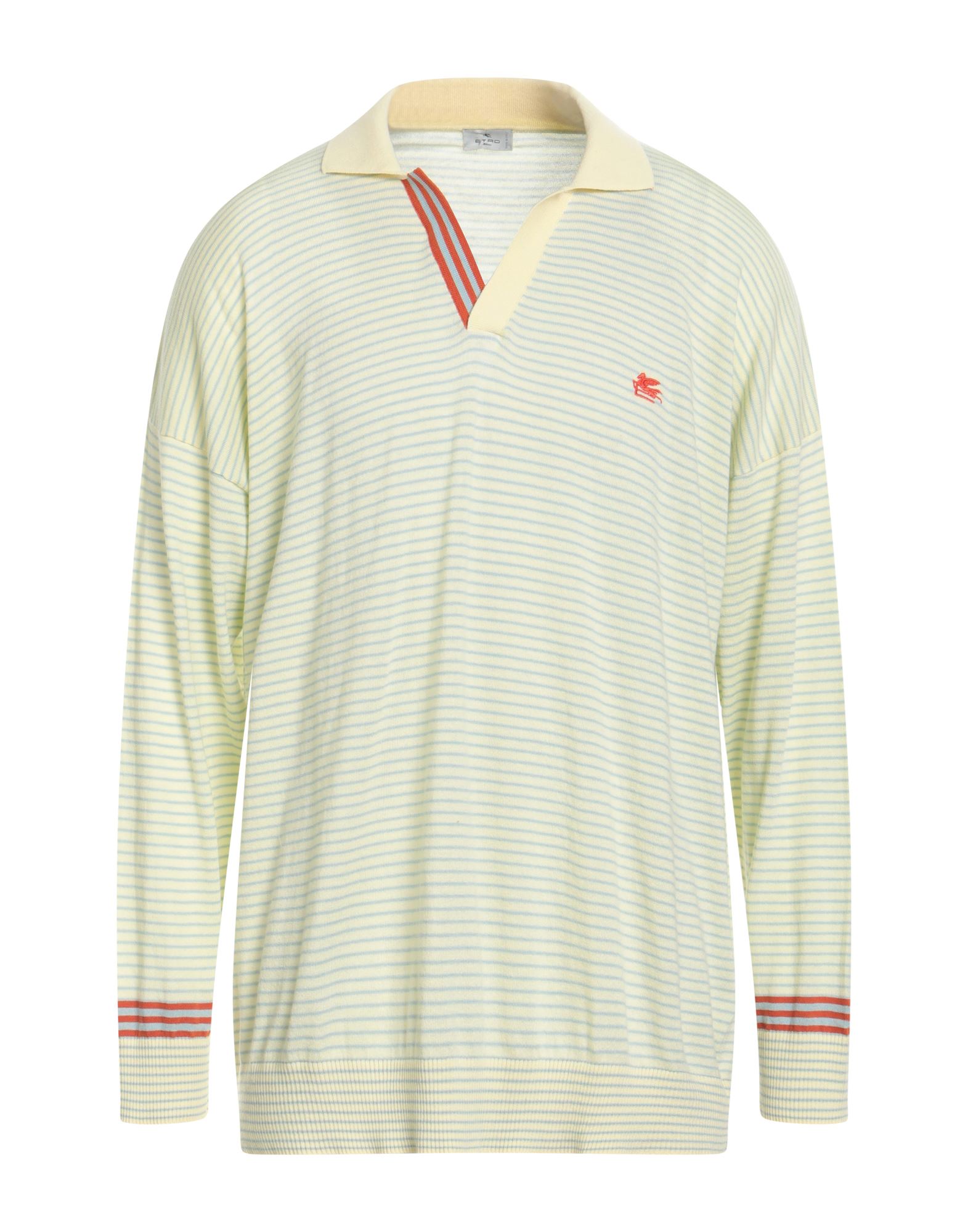 니트 소재, 라이트웨이트 니트, 자수 로고 장식, 스트라이프, v 네크라인, 롱 슬리브, 세탁기 세탁 또는 드라이클리닝, 표백 금지, 건조기 사용불가. 이미지