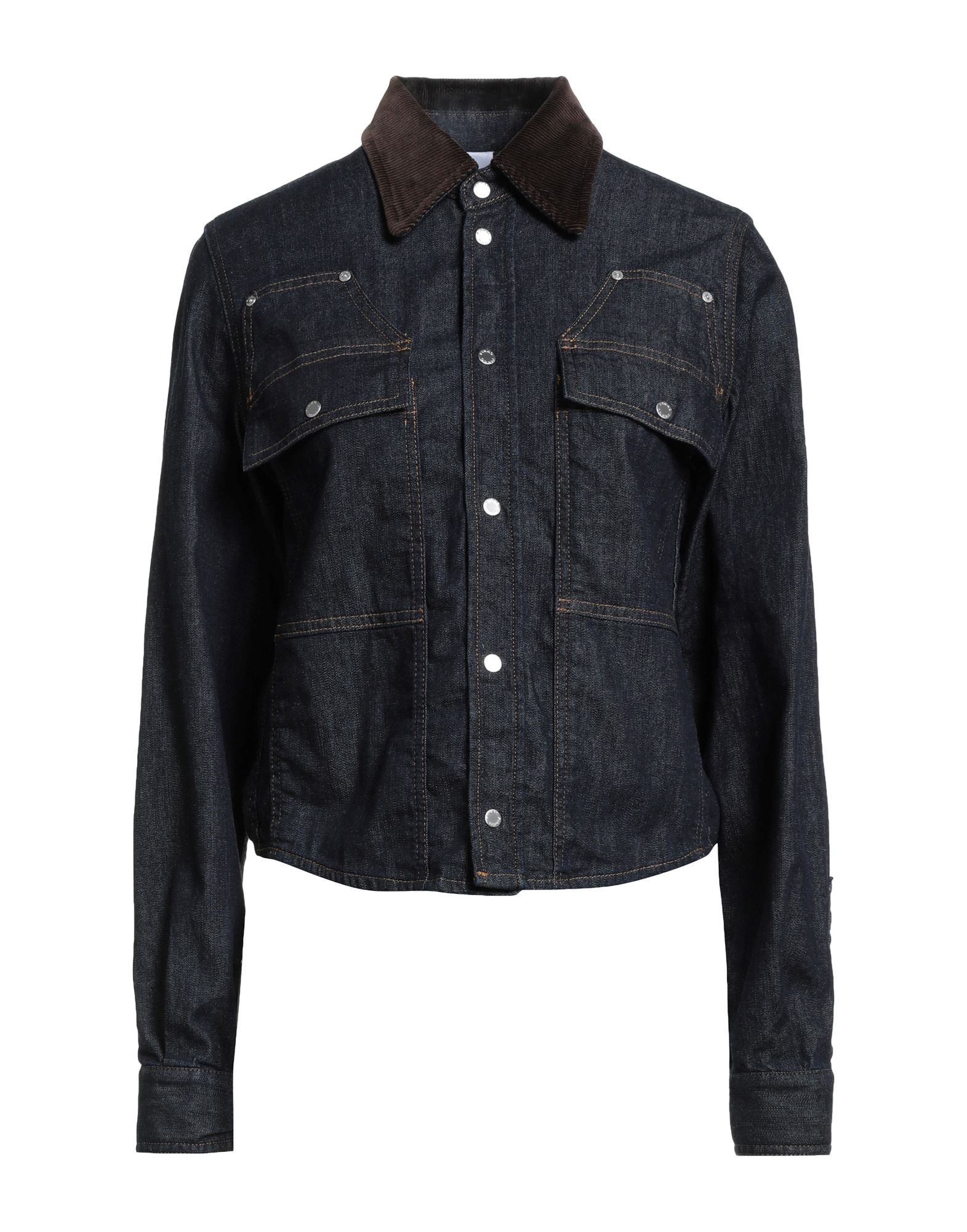 데님, 스트레치 패브릭, 솔리드 컬러, 코듀로이 트리밍, 다크 워싱, 클래식 칼라, 롱 슬리브, 스냅버튼 커프스, 스냅버튼 여밈, 포켓 2개, 세탁기 세탁 또는 드라이클리닝, 표백 금지, 건조기 사용불가. 이미지