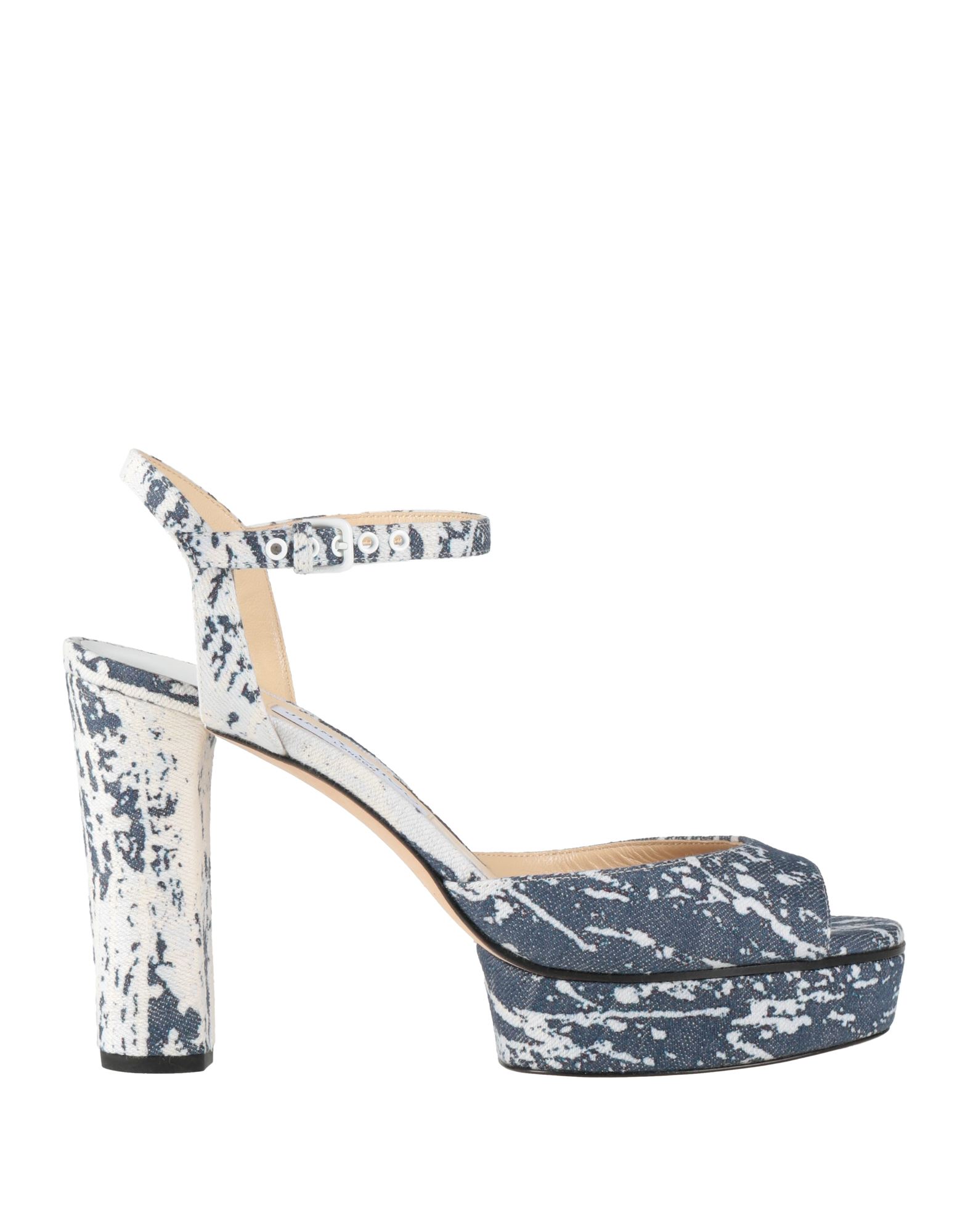 데님, 플랫폼 힐, 멀티컬러 패턴, 가죽 소재의 내부, 앵클 버클 스트랩, 라운드 토, 기하학적 힐, 가죽 밑창, 동물성 비섬유 자재 함유, 앵클 스트랩 샌들. 이미지