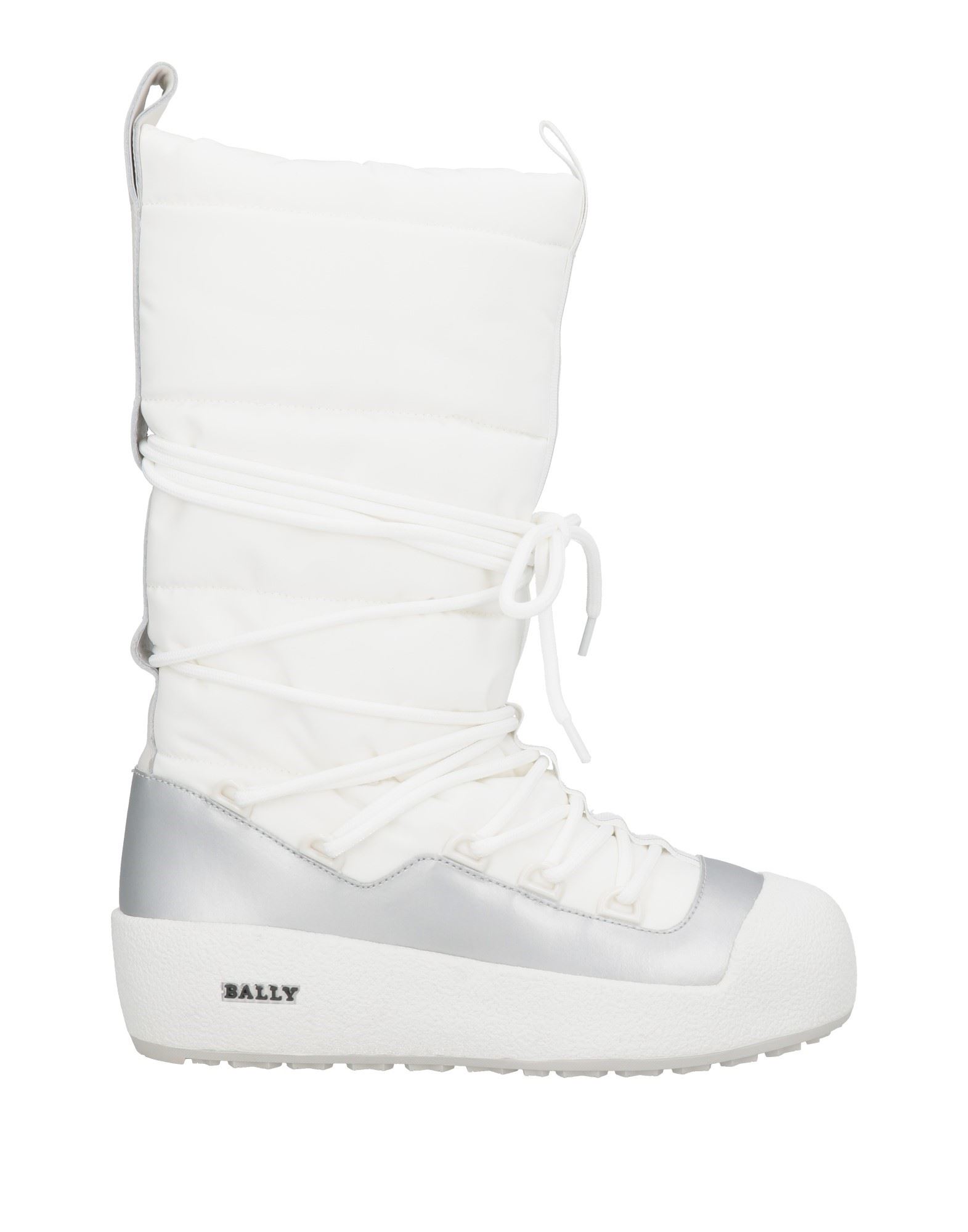 패딩 부츠, 테크니컬 패브릭, 가죽, 메탈릭 효과, 투톤 패턴, 브랜드 로고, 시어링 소재의 내부, 레이스업 여밈, 라운드 토, 웨지 힐, 미끄럼방지 고무 밑창, 동물성 비섬유 자재 함유. 이미지