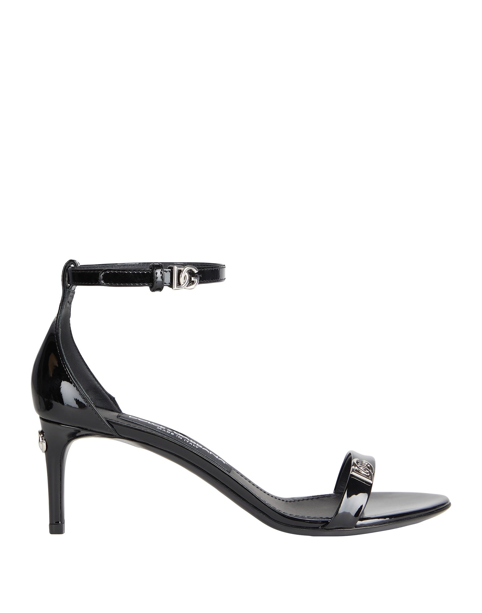 앵클 스트랩 샌들, 페이턴트 가죽, 솔리드 컬러, 브랜드 로고, 가죽 소재의 내부, 앵클 버클 스트랩, 라운드 토, 핀 힐, 가죽 밑창, 동물성 비섬유 자재 함유. 이미지