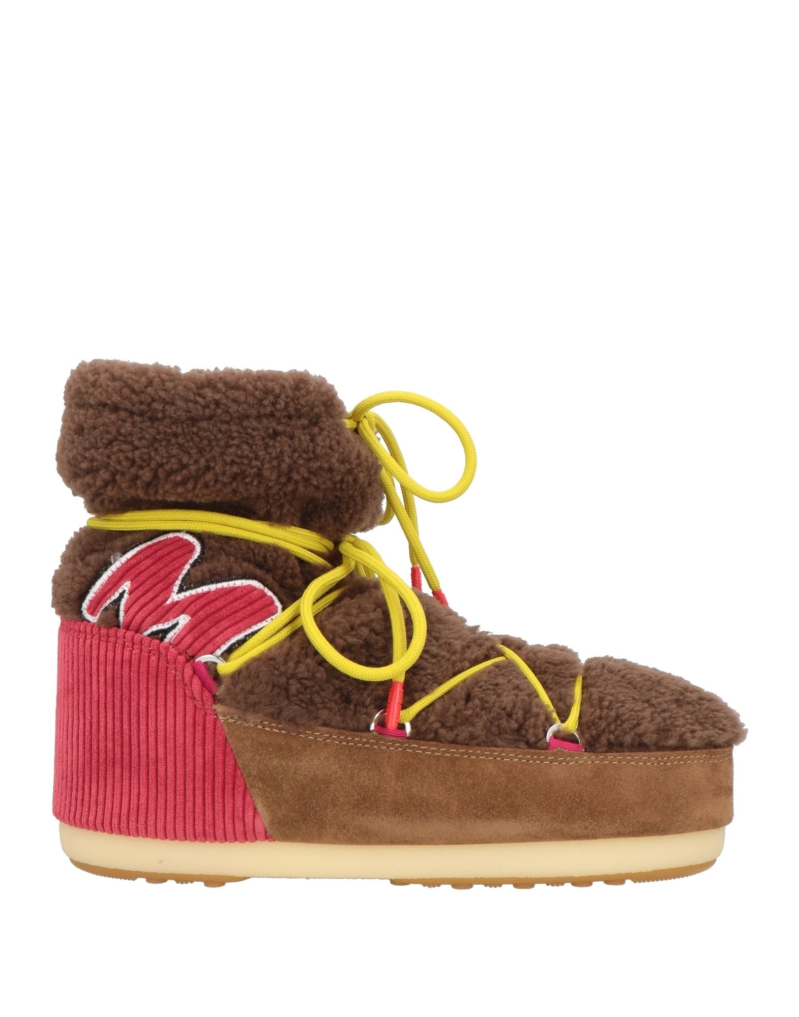 패딩 부츠, 셰르파 원단, 주트 솔, 멀티컬러 패턴, 브랜드 로고, 셰르파 패브릭 내부, 라운드 토, 플랫폼, 고무 밑창, 동물성 비섬유 자재 함유, 스몰 핏. 이미지