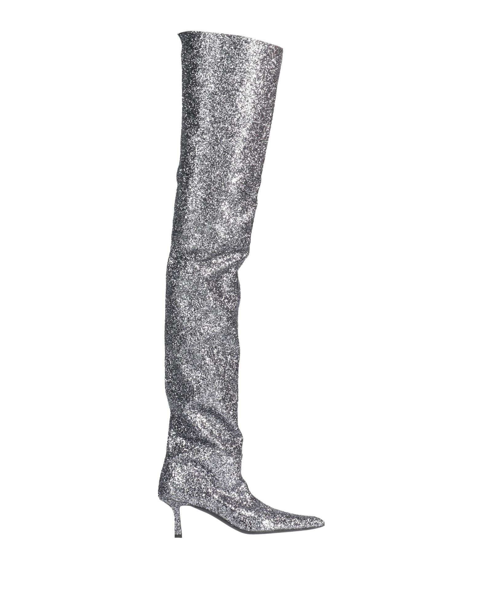 오버 더 니 부츠, 인조가죽, 글리터 효과, 장식 디테일 솔리드 컬러, 가죽 소재의 내부, 엘라스틱 인서트, 스퀘어 토, 기하학적 힐, 커버드 힐, 가죽 밑창, 동물성 비섬유 자재 함유. 이미지