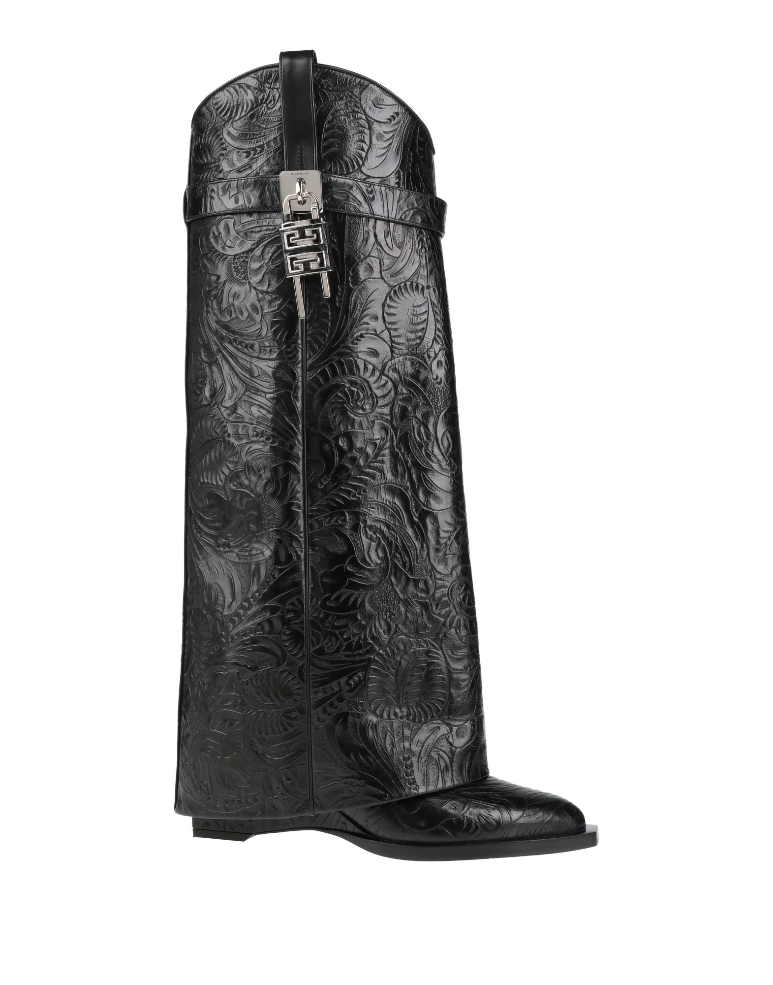 부츠, 텍스처드 가죽, 솔리드 컬러, 장식 효과, 가죽 소재의 내부, 라운드 토, 웨지 힐, 가죽 밑창, 동물성 비섬유 자재 함유. 이미지