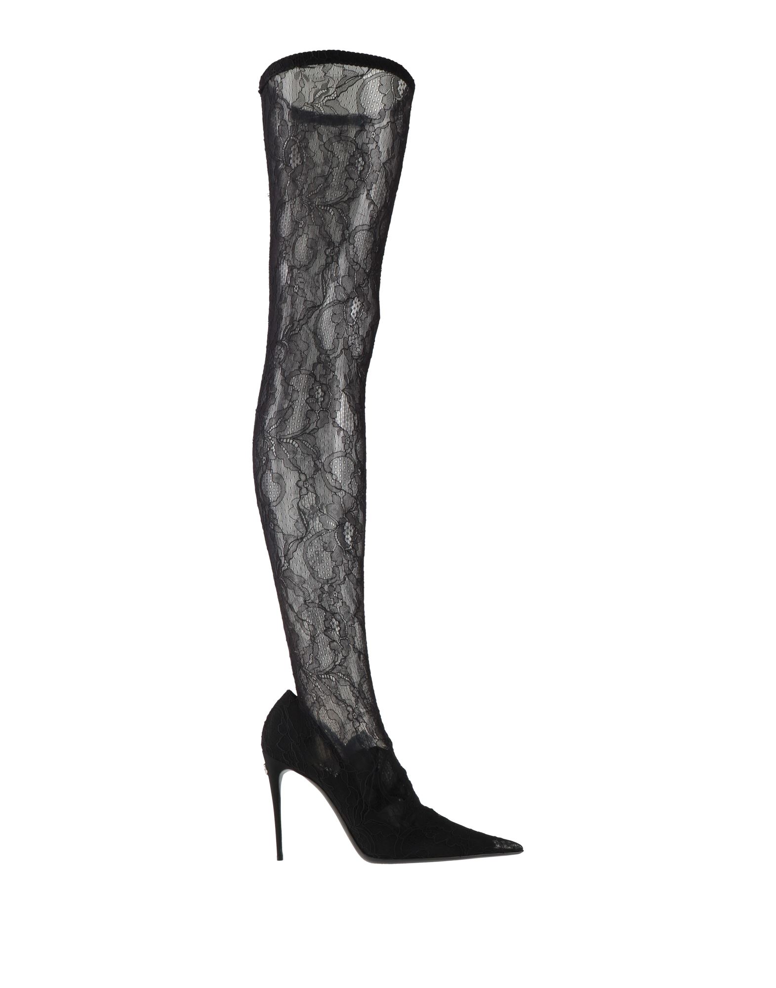 오버 더 니 부츠, 레이스, 솔리드 컬러, 장식 부착 없음, 가죽 소재의 내부, 포인티드/테이퍼드 토, 핀 힐, 가죽 밑창, 동물성 비섬유 자재 함유. 이미지