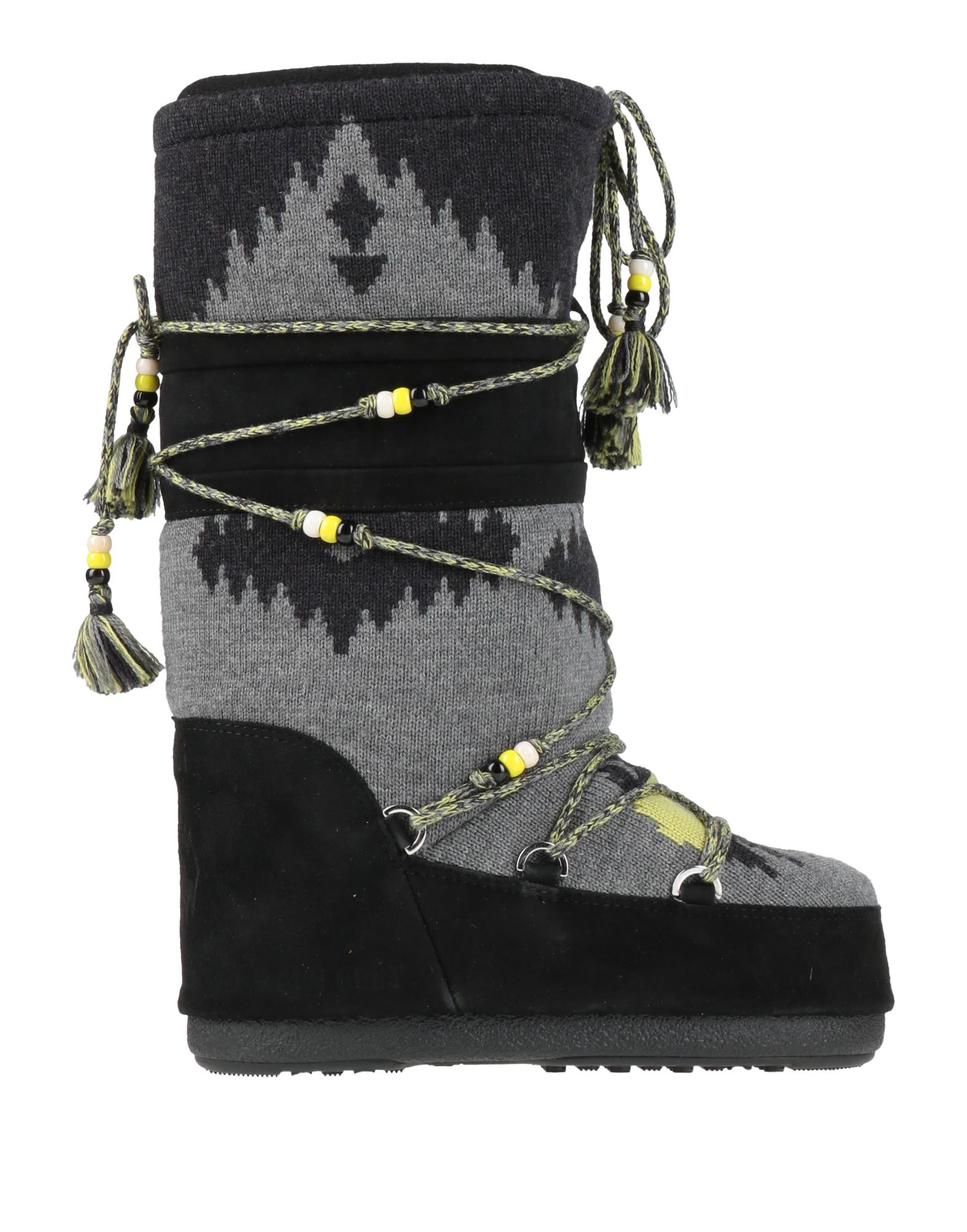 패딩 부츠, 스웨이드 효과 패브릭, 투톤 패턴, 브랜드 로고, 합성 충전재, 라운드 토, 힐 없음, 미끄럼방지 고무 밑창. 이미지