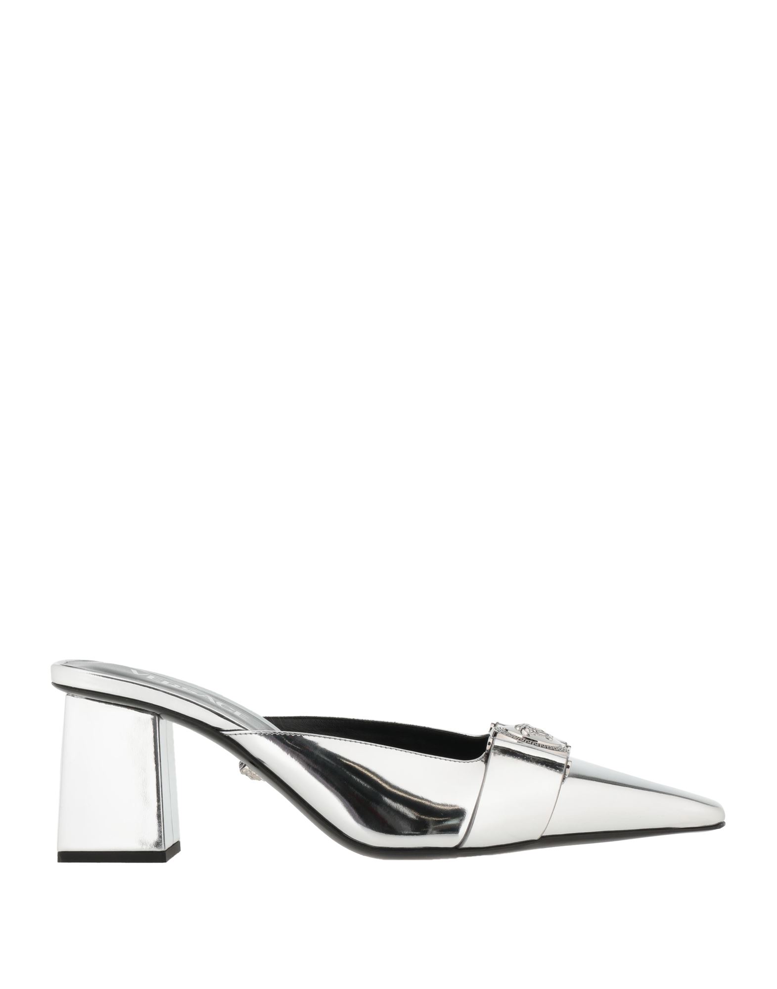 뮬, 가죽, 메탈릭 효과, 장식 디테일 솔리드 컬러, 브랜드 로고, 가죽 소재의 내부, 포인티드/테이퍼드 토, 스퀘어 힐, 가죽 밑창, 동물성 비섬유 자재 함유. 이미지