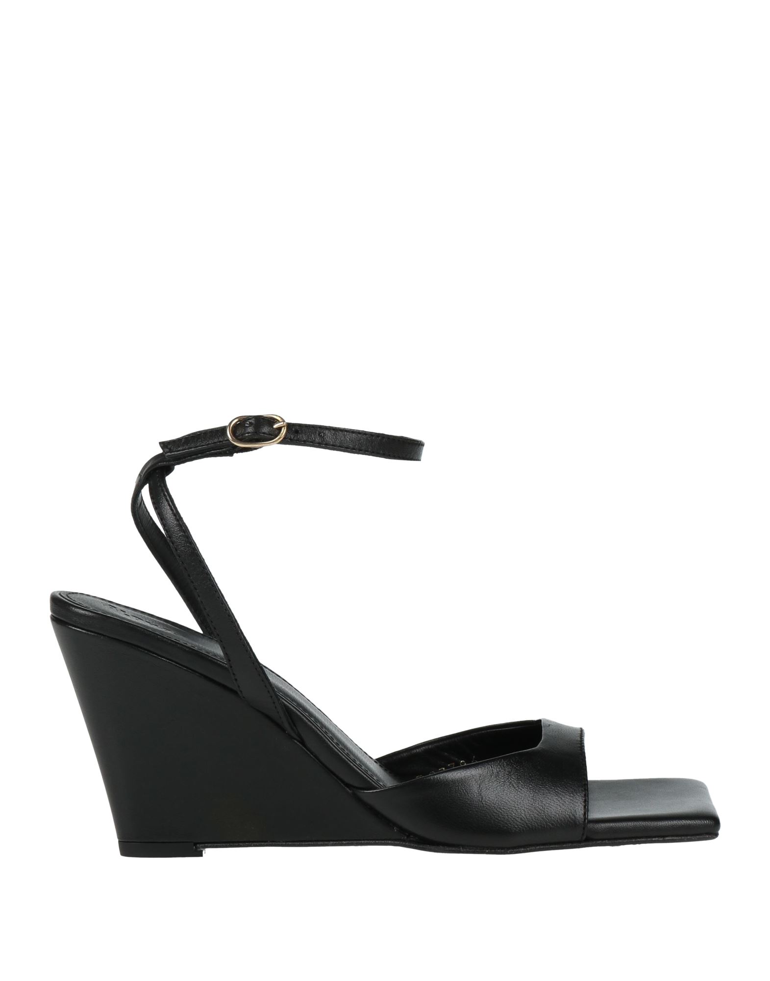 앵클 스트랩 샌들, 가죽, 솔리드 컬러, 장식 부착 없음, 가죽 소재의 내부, 버클 잠금, 스퀘어 토, 웨지 힐, 커버드 웨지, 고무 밑창, 동물성 비섬유 자재 함유. 이미지