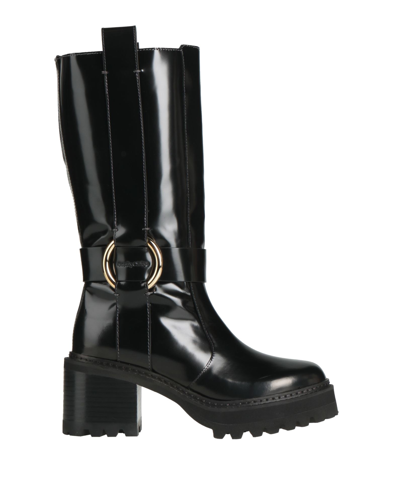 부츠, 유광 가죽, 장식 디테일 솔리드 컬러, 브랜드 로고, 장식 효과, 가죽 소재의 내부, 라운드 토, 스퀘어 힐, 고무 힐, 러그솔, 동물성 비섬유 자재 함유. 이미지