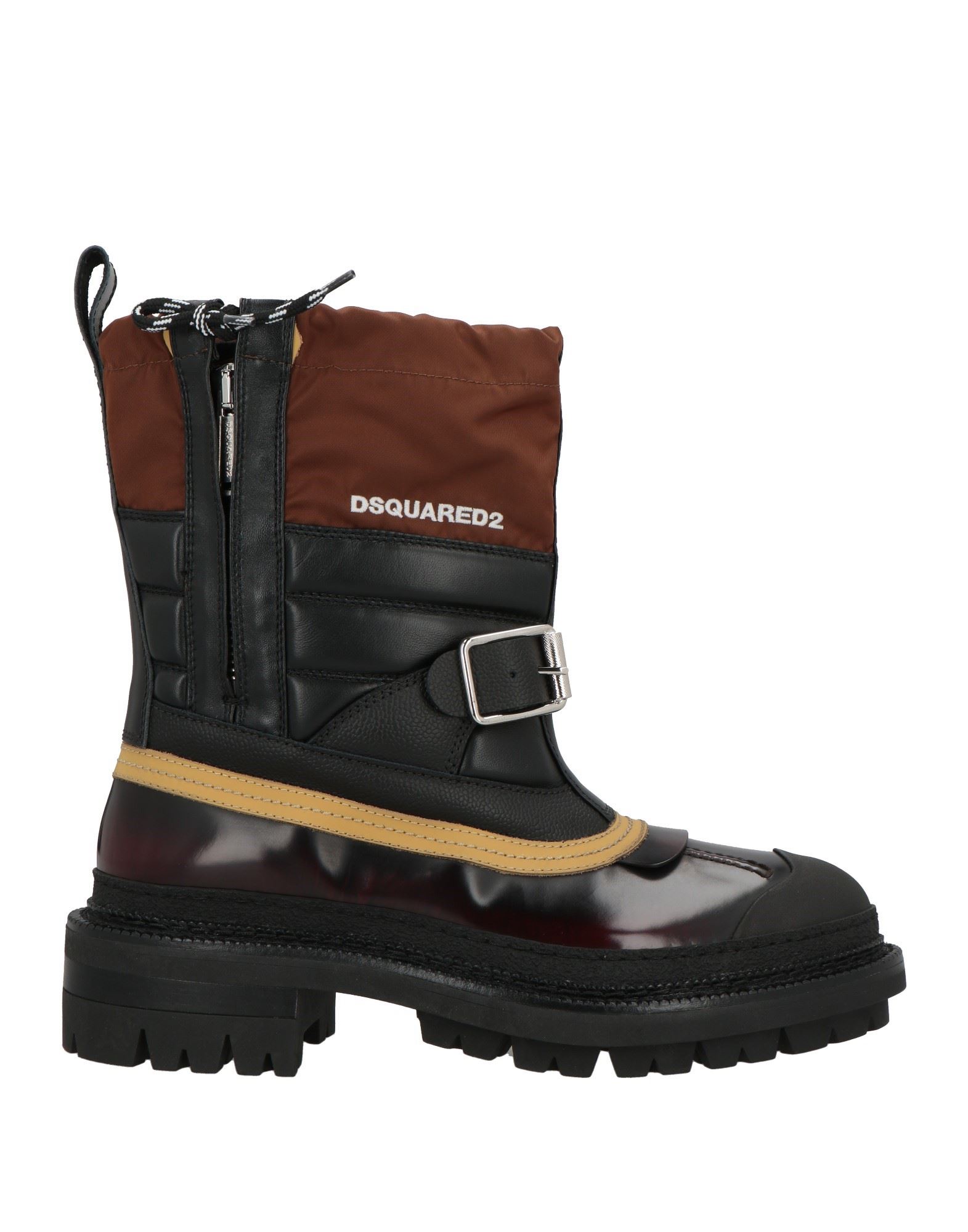 패딩 부츠, 유광 가죽, 테크니컬 패브릭, 멀티컬러 패턴, 스트랩, 브랜드 로고, 가죽 소재의 내부, 지퍼 여밈, 라운드 토, 스퀘어 힐, 러그솔, 동물성 비섬유 자재 함유. 이미지