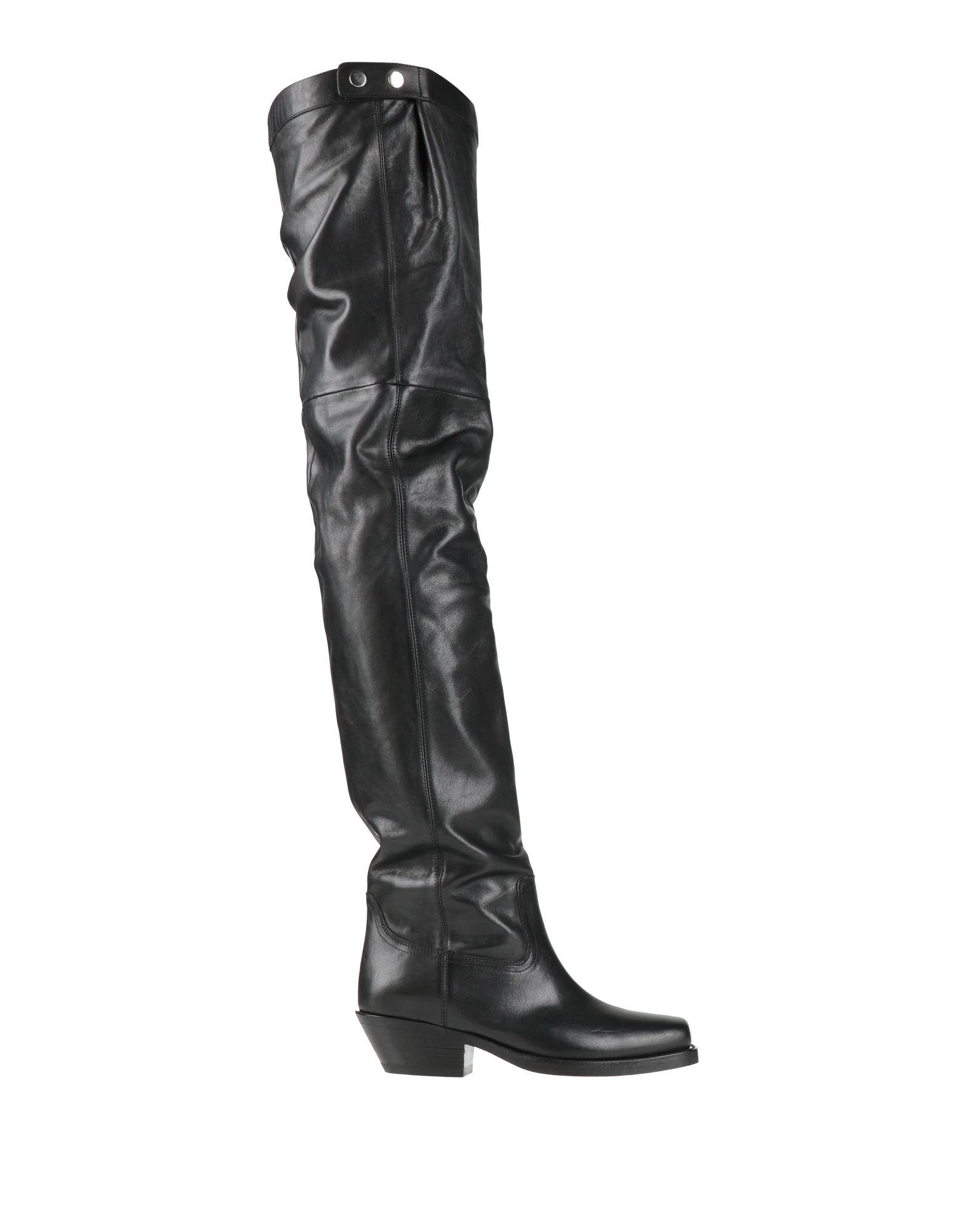 오버 더 니 부츠, 가죽, 솔리드 컬러, 브랜드 로고, 가죽 소재의 내부, 스냅버튼 여밈, 스퀘어 토, 쿠반 힐, 가죽 밑창, 동물성 비섬유 자재 함유, 스몰 핏. 이미지