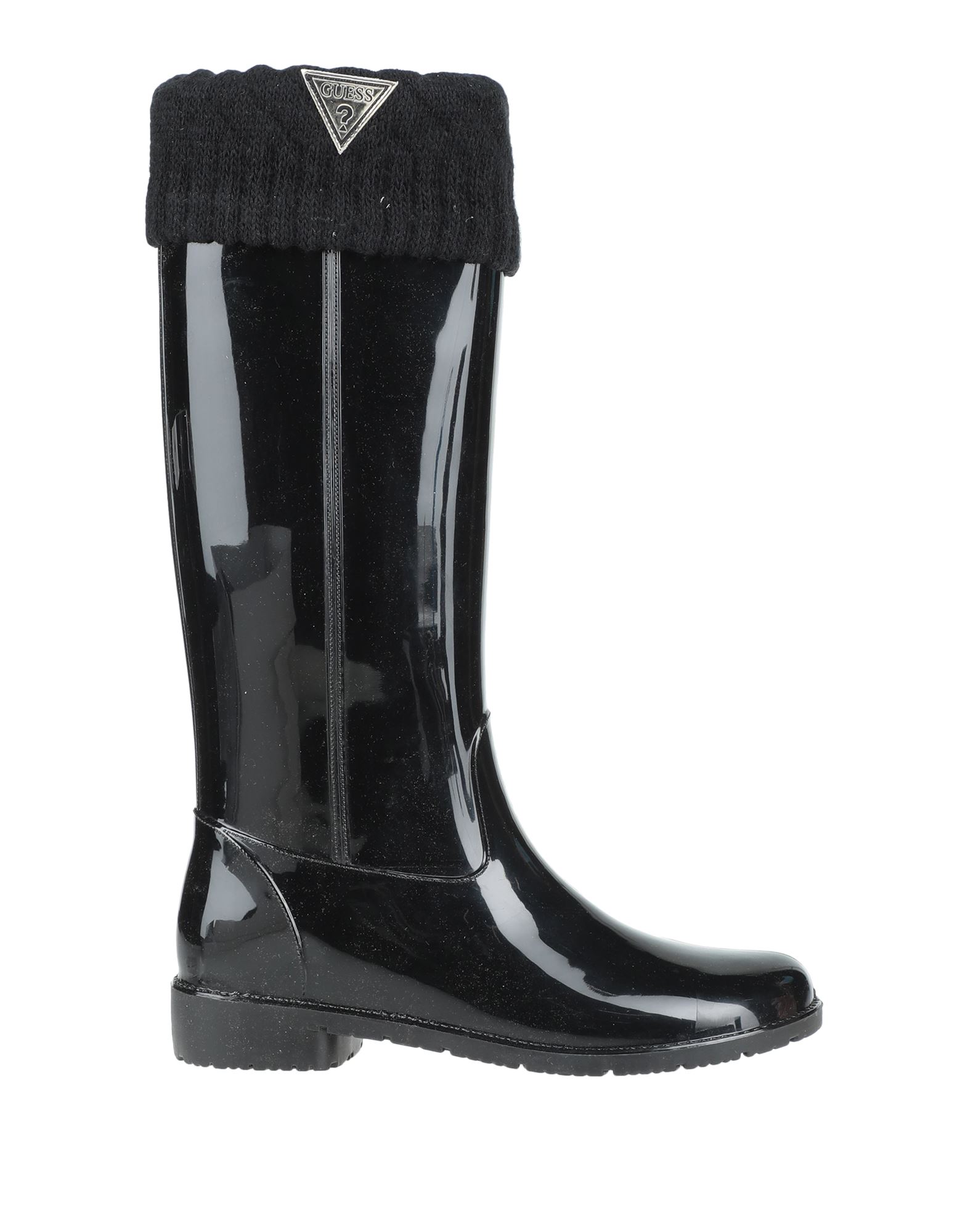 레인 부츠, 니트 소재, 솔리드 컬러, 브랜드 로고, 안감 처리한 내부, 라운드 토, 스퀘어 힐, 미끄럼방지 고무 밑창. 이미지