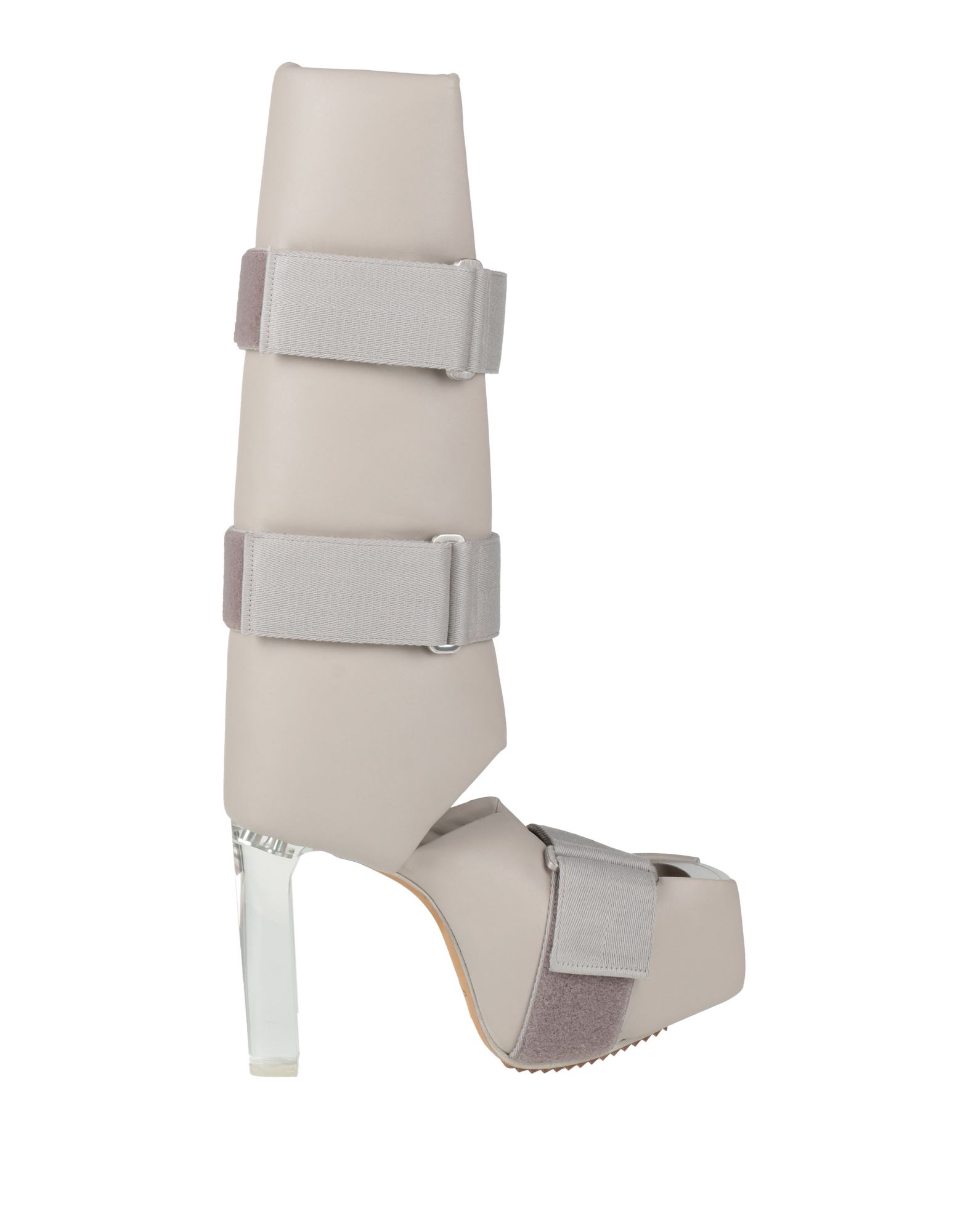 부츠, 개버딘, 솔리드 컬러, 브랜드 로고, 가죽 소재의 내부, 벨크로 여밈, 오픈 토, 스틸레토 힐, 플렉시글라스 힐, 가죽/고무 밑창, 동물성 비섬유 자재 함유. 이미지