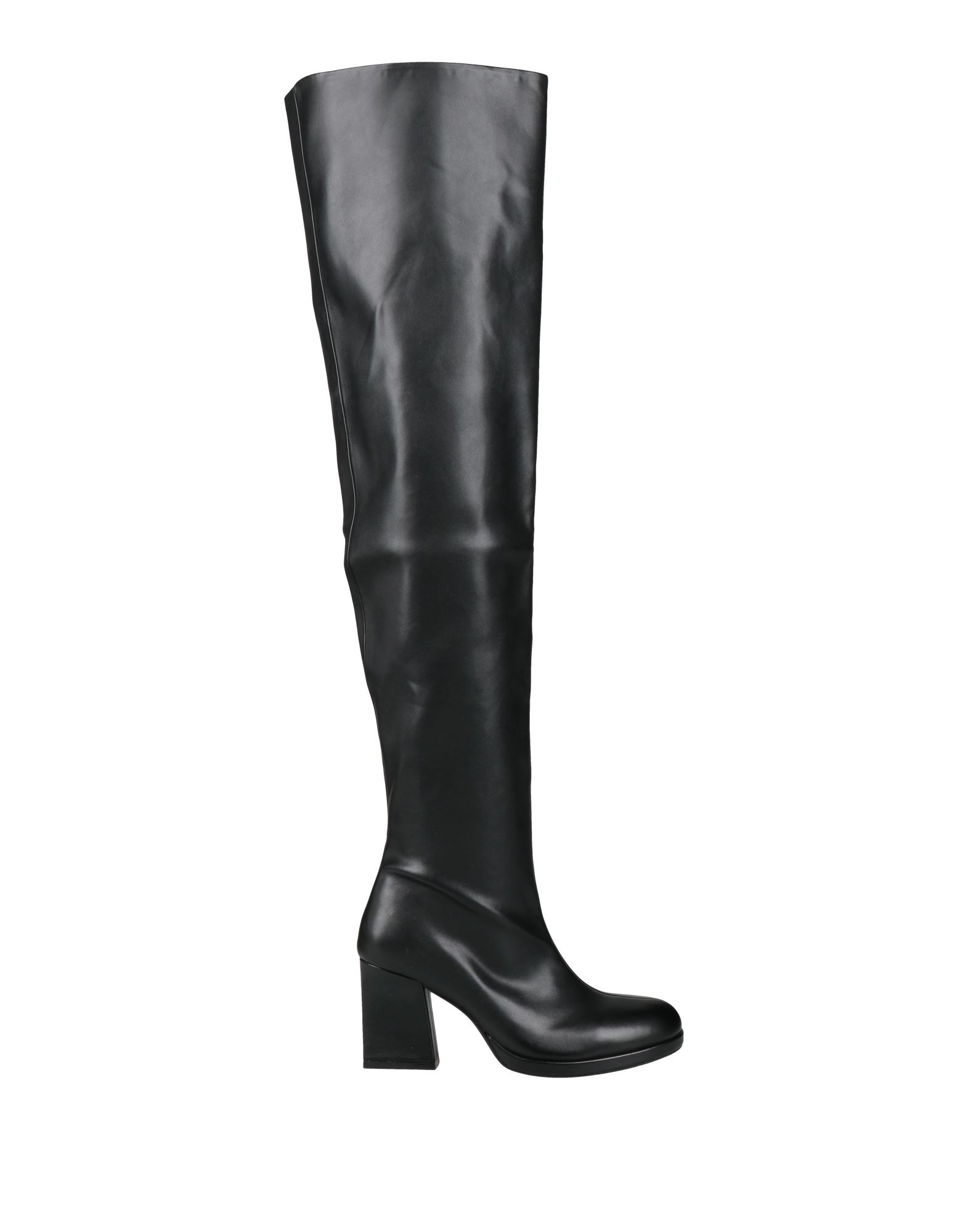 인조가죽, 장식 부착 없음, 솔리드 컬러, 가죽 소재의 내부, 지퍼 여밈, 라운드 토, 스퀘어 힐, 가죽/고무 밑창, 동물성 비섬유 자재 함유, 오버 더 니 부츠. 이미지