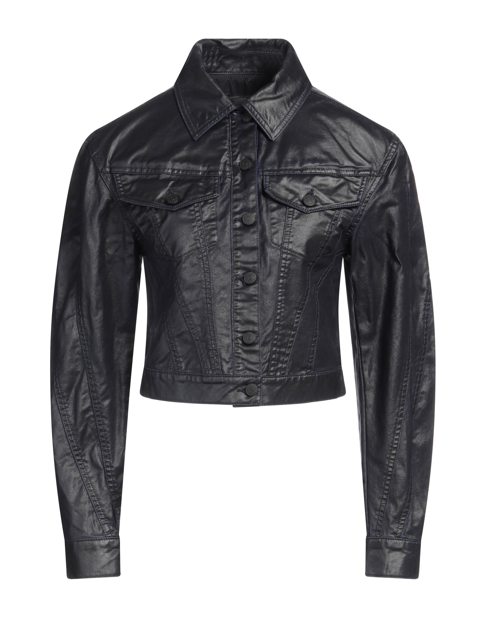 데님 트러커 자켓, 데님, 코팅 효과, 솔리드 컬러, 장식 부착 없음, 컬러 워싱, 클래식 칼라, 싱글브레스티드, 롱 슬리브, 어깨 패드, 안감없음, 버튼 여밈, 포켓 2개, 드라이클리닝, 표백 금지, 건조기 사용불가. 이미지