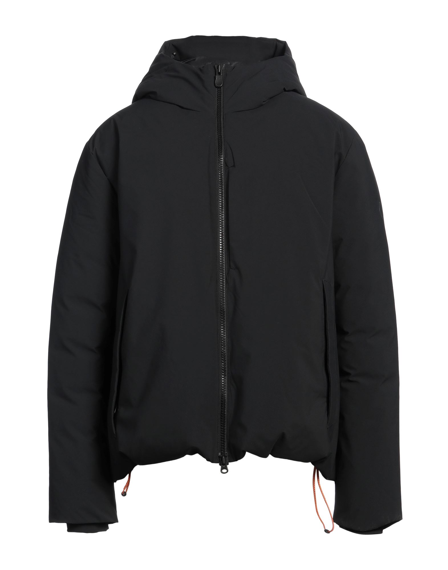 쇼트 패딩 자켓, 테크니컬 패브릭, 솔리드 컬러, 장식 부착 없음, 후드, 싱글브레스티드, 롱 슬리브, 합성 충전재, 지퍼 여밈, 멀티 포켓, 세탁기로 세탁, 표백 금지, 건조기 사용불가, 다림질 금지. 이미지