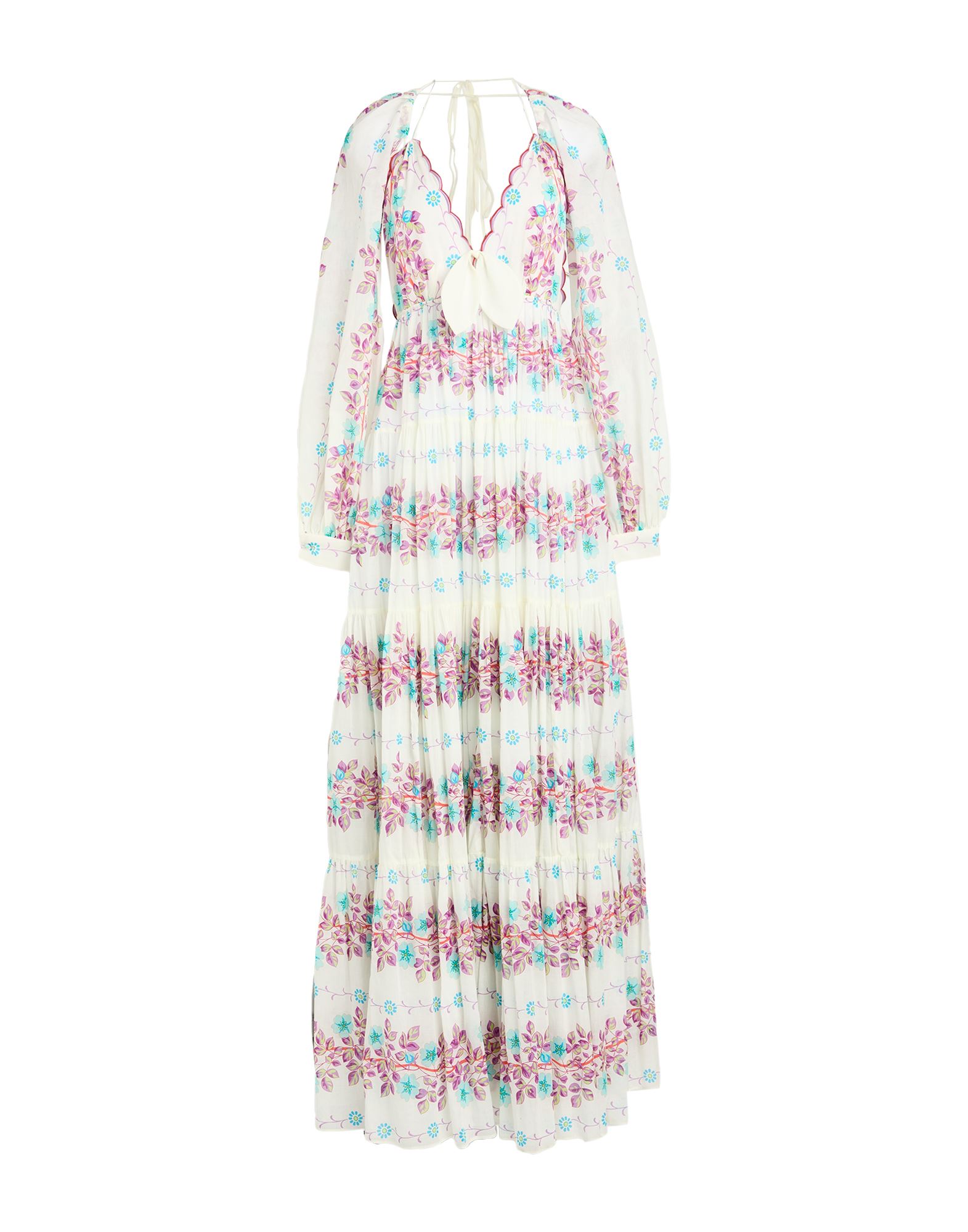 플레어 드레스, 우븐, 플로럴 모티브, 개더 디테일, 보우 디테일, 딥 네크라인, 롱 슬리브, 안감없음, 후크 여밈, 지퍼 여밈, 드라이클리닝, 표백 금지, 건조기 사용불가. 이미지