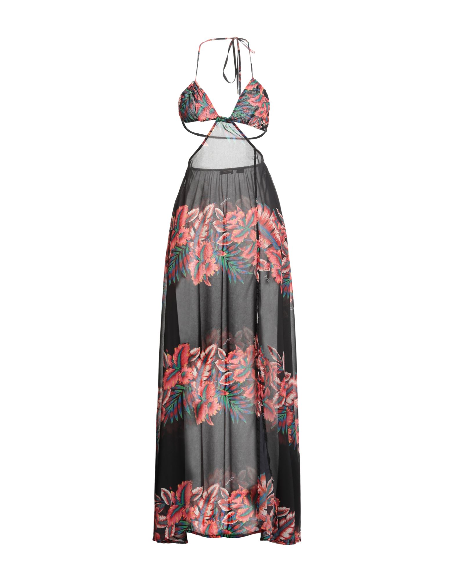 플레어 드레스, 보일, 플로럴 모티브, 브랜드 로고, 홀터넥, 슬리브리스, 안감없음, 옆면 롱 슬릿, 손세탁, 표백 금지, 건조기 사용불가, 바다로 떠나는 주말 여행이나 휴가를 위한 세련되고 편안한 스타일. 이미지