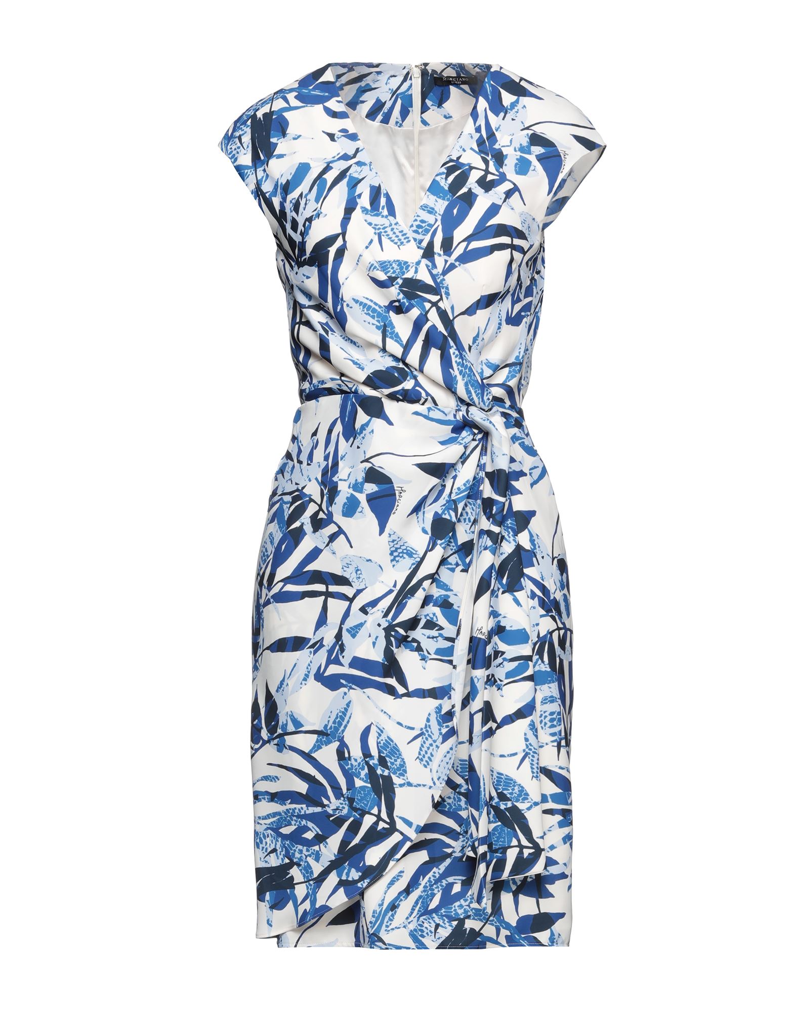 바디콘 드레스, 크레이프, 플로럴 모티브, 브랜드 로고, v 네크라인, 슬리브리스, 안감있음, 지퍼 여밈, 포켓 없음. 이미지