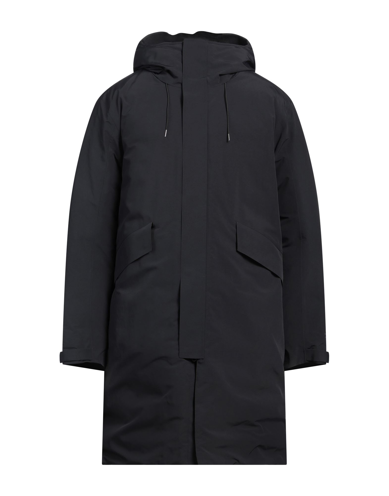 롱 다운 자켓, 테크니컬 패브릭, 솔리드 컬러, 장식 부착 없음, 후드, 롱 슬리브, 구스 다운 내장, 지퍼 여밈, 스냅버튼 여밈, 멀티 포켓, 동물성 비섬유 자재 함유, 세탁기로 세탁, 표백 금지, 건조기 사용불가. 이미지