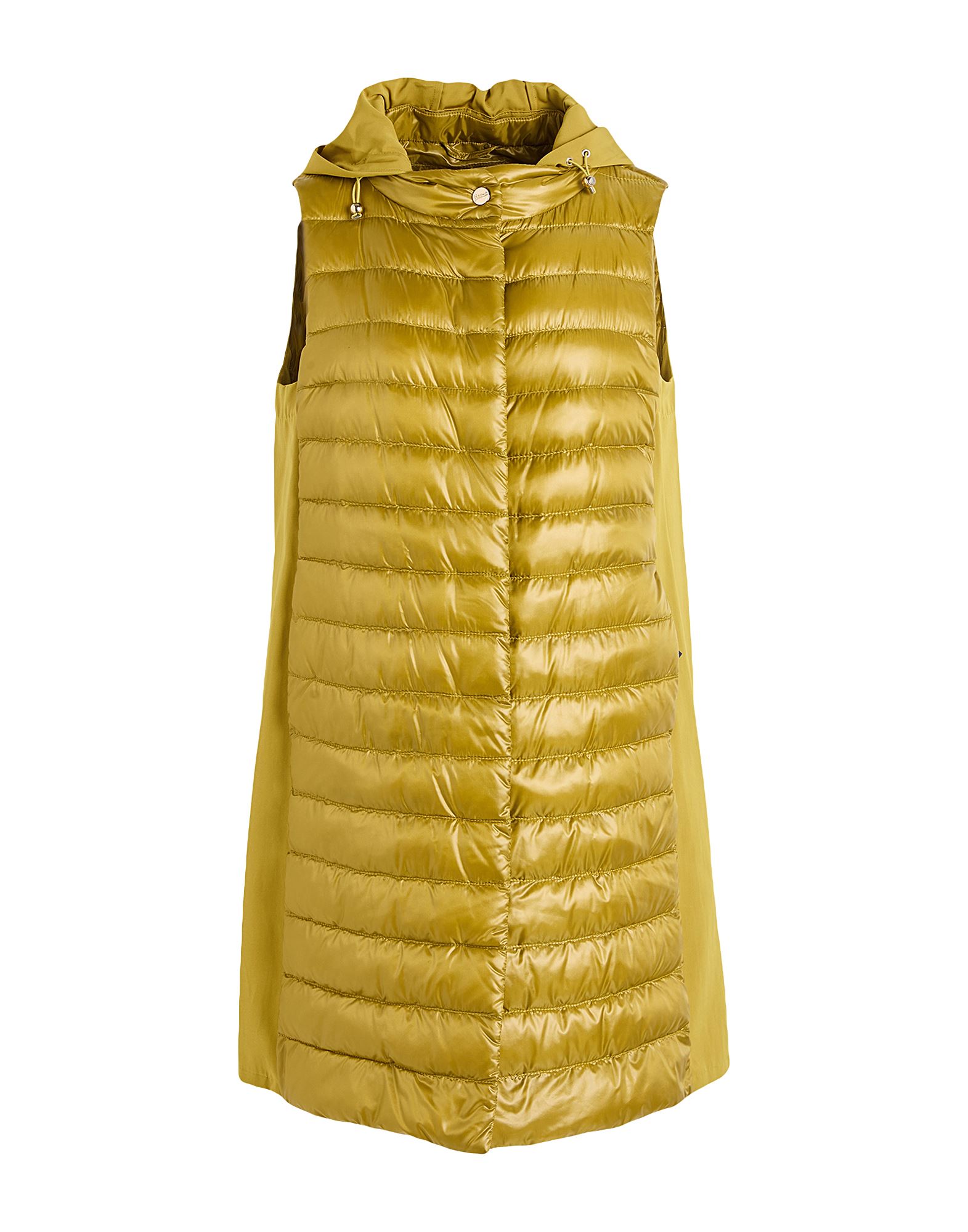 테크니컬 패브릭, 솔리드 컬러, 장식 부착 없음, 후드, 슬리브리스, 구스 다운 내장, 라이트 패딩, 스냅버튼 여밈, 슬릿 포켓, 동물성 비섬유 자재 함유, 드라이클리닝, 표백 금지, 건조기 사용불가. 이미지