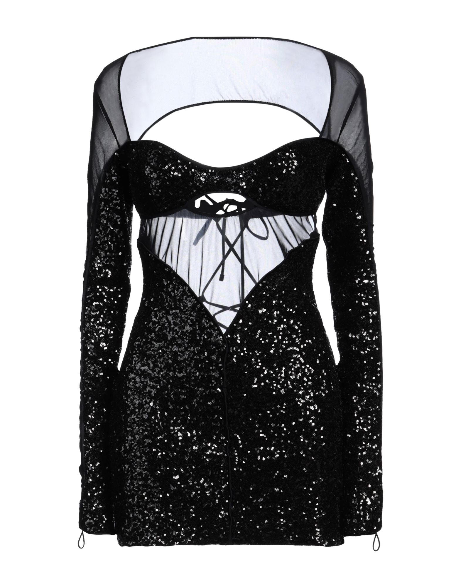 튤, 시퀸, 장식 디테일 솔리드 컬러, 딥 네크라인, 롱 슬리브, 안감있음, 타이 여밈, 포켓 없음, 스트레치, 드라이클리닝, 표백 금지, 건조기 사용불가, 시퀸 원피스. 이미지